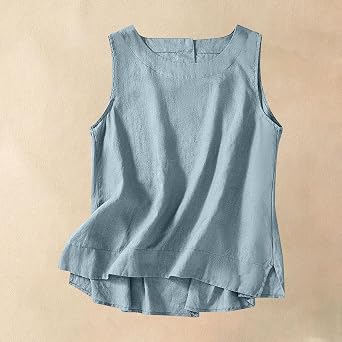 Vest Tops Women UK 2026 Summer Cotton Linen Sleeveless T-Shirt Loose Fit Button Crew Neck Lounge Baggy Solid Color Plain Dressy Casual Tee Shirts Trendy Blouses Ladies Tank Tops