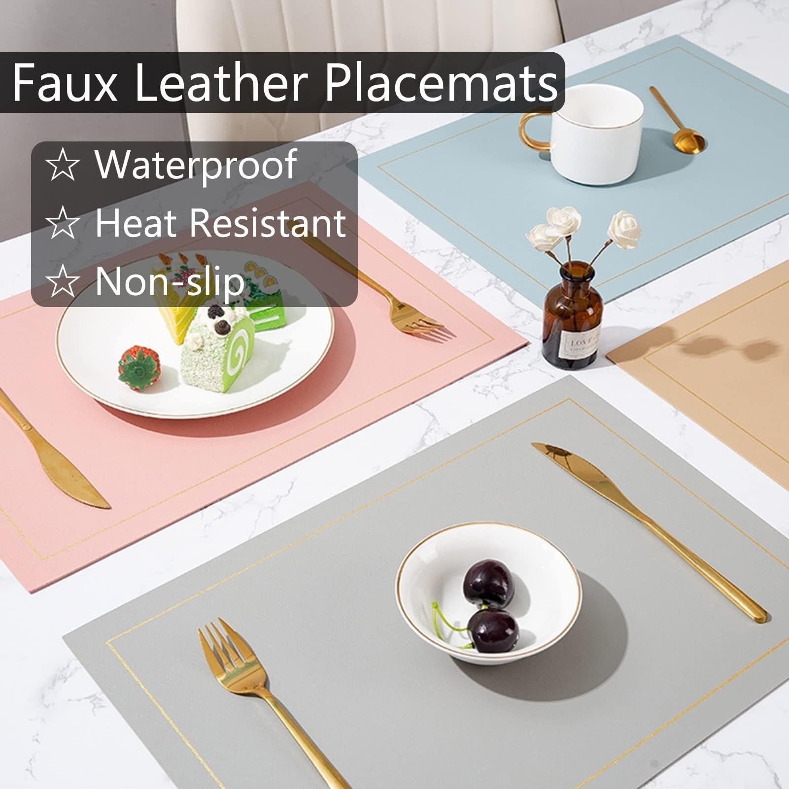Lot de 4 sets de table rectangulaires en cuir synthétique résistant à la chaleur, lavables et antidérapants avec bordure dorée pour maison, restaurant, hôtel (noir)