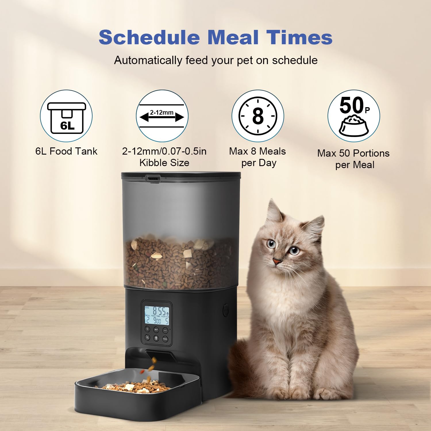 Automatic Cat Feeder, 6L Cat Food Dispenser with 10s Voice Recorder, Pet Feeder up to 8 Meals per Day, Timed Feeder with Dry Food Sealed Ring (Black) - image 2