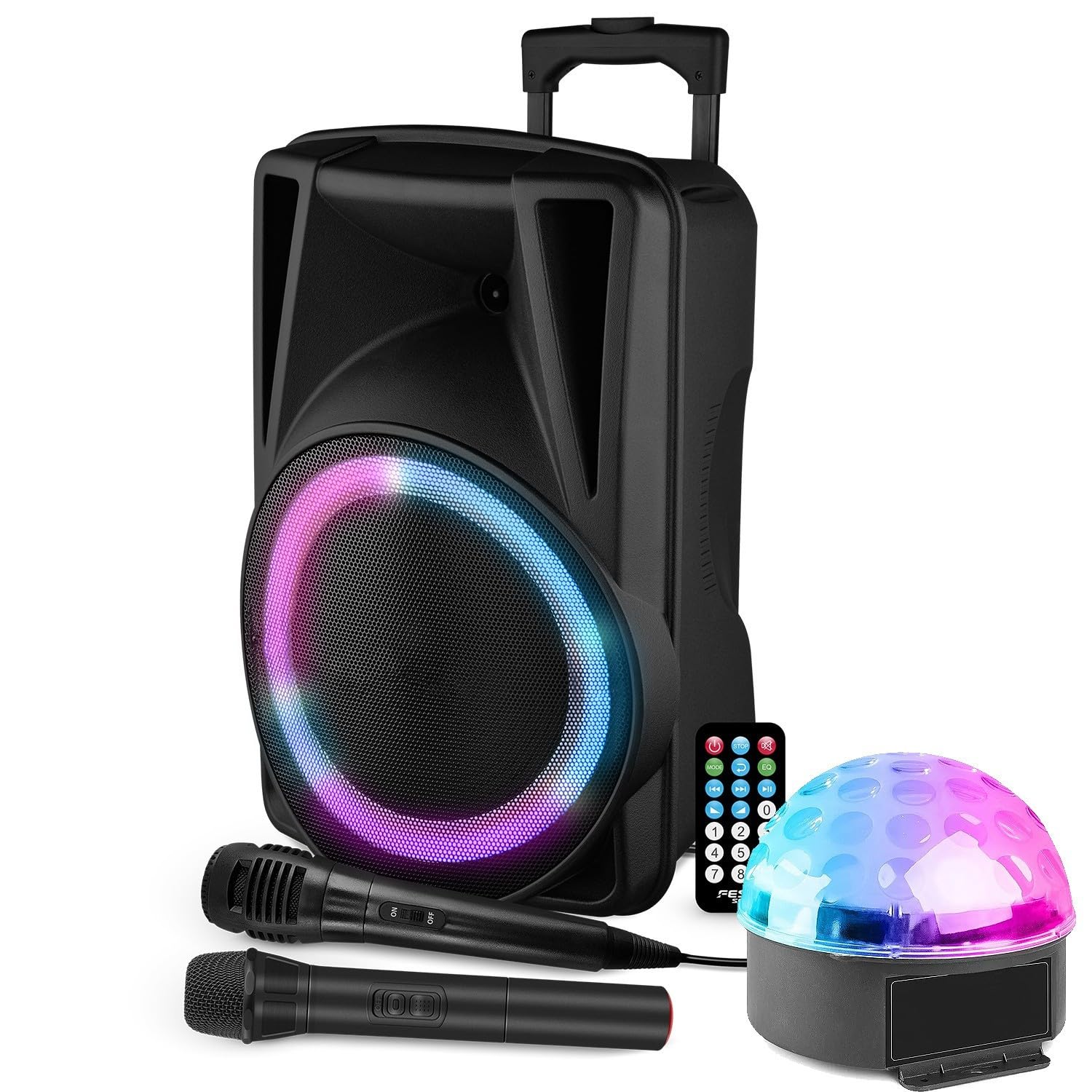 Enceinte Active 600W avec USB, Bluetooth + Jeux DE Lumiere ASTROBALL + Micro sans Fil PA DJ Sono LED Soiree Famille Karaoke