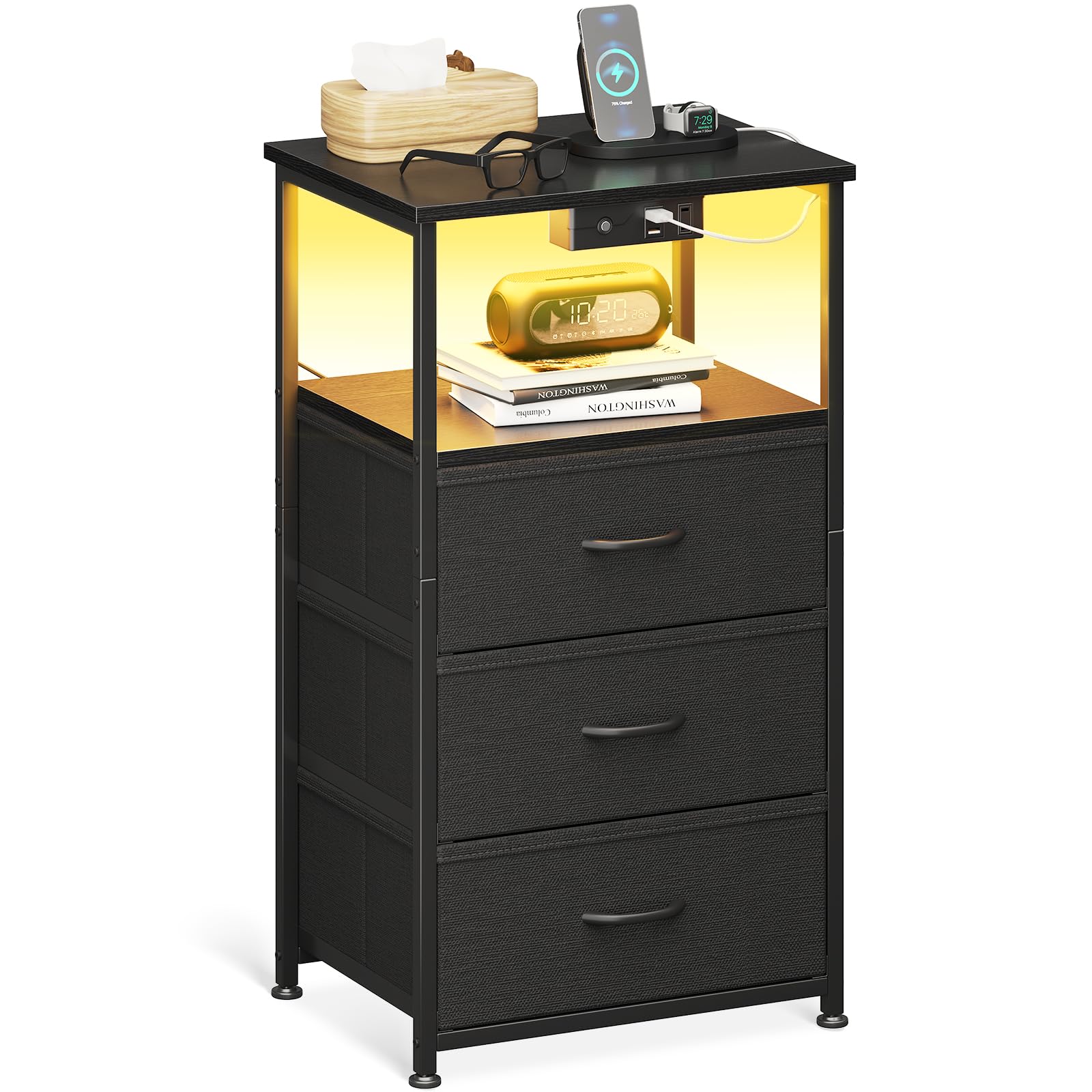 Coleshome Nachttisch Weiß, Nachttisch mit Steckdose und 2 USB und LED-Leuchtbänder, mit 3 Stoffschubladen und 1 Speicherplatz, Geeignet für Kleine Schlafzimmer