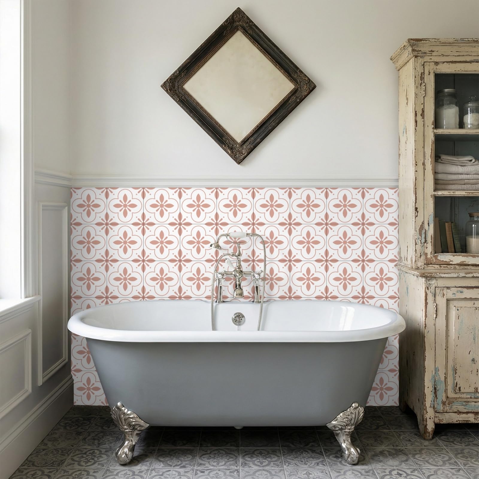 Stick on Tiles Moroccan Pink Kitchen Tile Stickers Waterproof Vinyl Decals Self Adhesive Stick on Bathroom Tiles Backsplash Decorative Tile Covers 30x30 cm/ 10 pcs