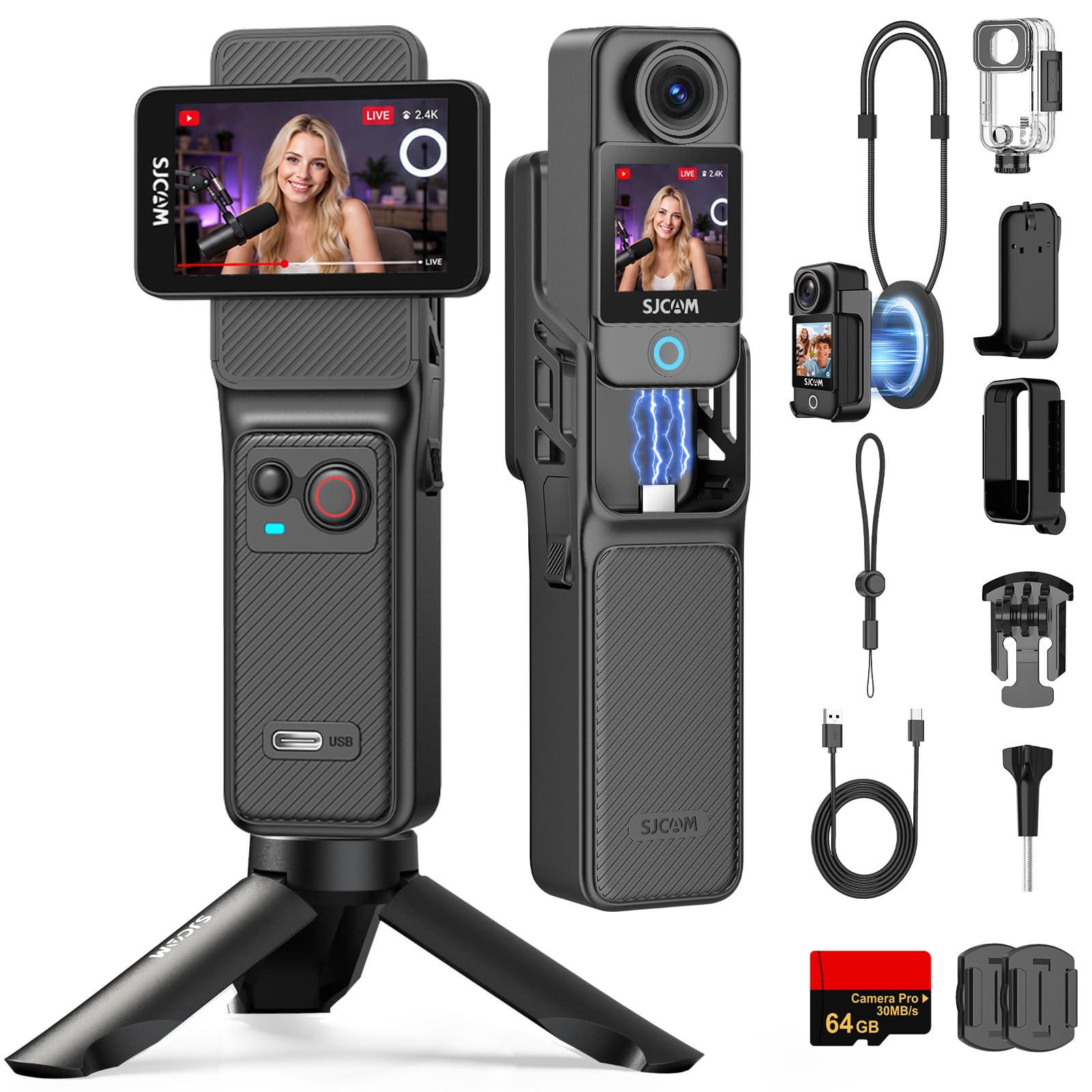SJCAM C400 Camera Vlog 4K(64Go) avec 7h Autonomie,Étanche | Écran Tactile Rotatif 2,29",Stabilisation à 6 axes,Idéal pour Débutants,YouTube,Voyages,Création de Contenu
