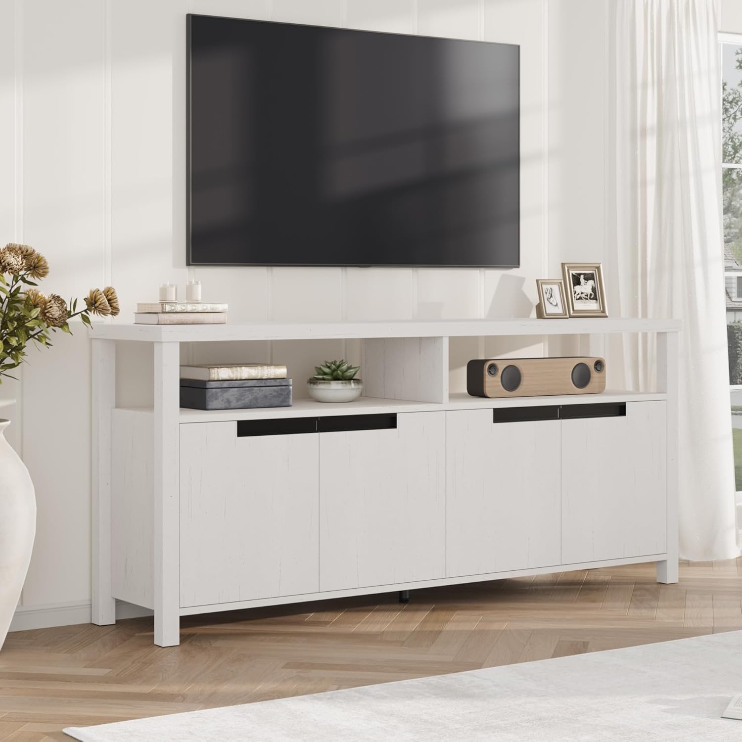 GarveeHome 63" Farmhouse TV Stand for Tv Up to 65 Inches, Long Entertainment Center with 4 Door & Open Shelf, Television Consoles Stands for Living Room, Bedroom