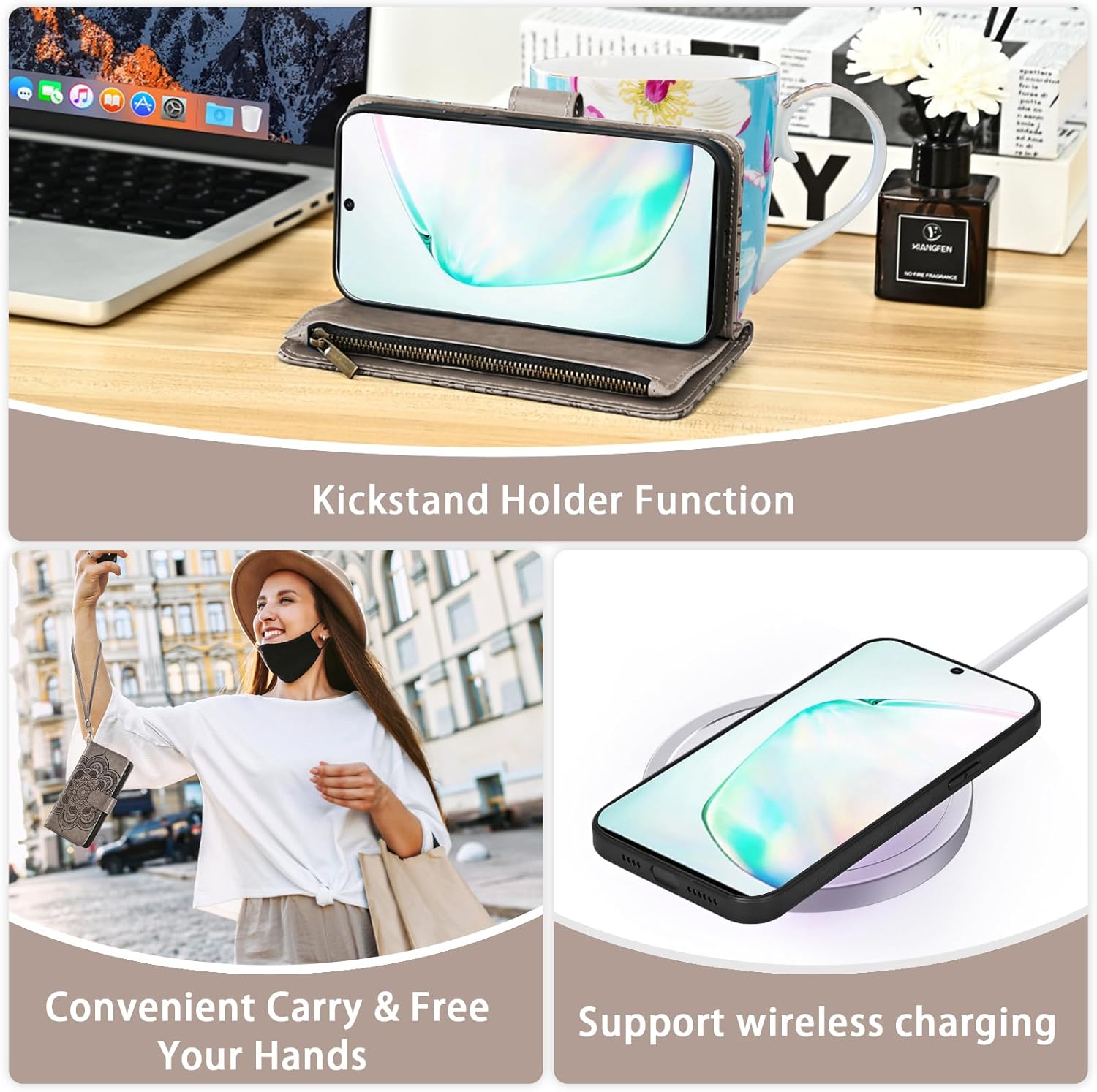 Asuwish Phone Case for Samsung Galaxy Note 10 5G Zipper Wallet Detachable Cell Cover with Tempered Glass Screen Protector Strap Mandala Flower Card Holder Note10 Notes 10s Ten Not S10 Women Girls Gray