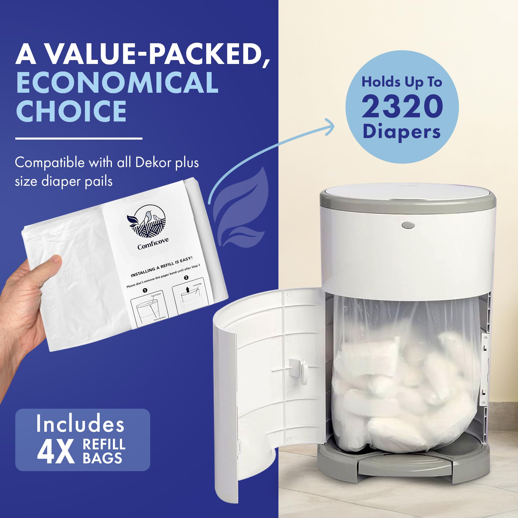 Recambios de cubo de pañales compatibles con cubos de pañales DEKOR Plus, paquete de cuatro recambios de papelera para pañales, fácil de reemplazar y desechar la bolsa de pañales COMFICOVE