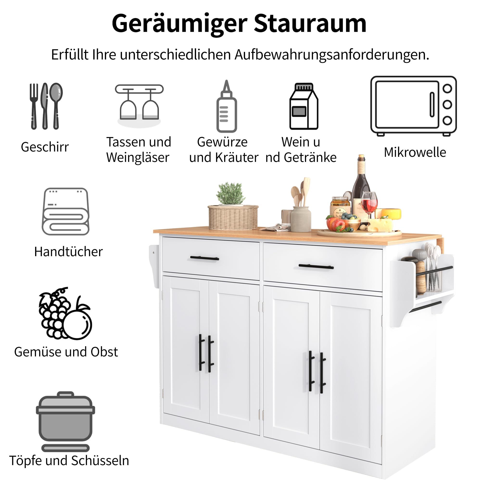 Isla Cocina con Ruedas y Encimera de Madera, Mueble Auxiliar de Cocina con 2 Cajones y 4 Puertas, Aparador Cocina con Estante Ajustable y Toalleros, 136x46(71) x91.5 cm, Blanco