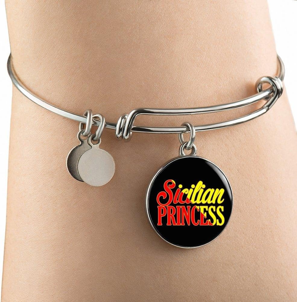 P.S. I Love Italy Sicilian Princess With Circle Charm Bangle - Italian Themed Jewelry Gift of Glass Bangle on Surgical Steel Fashion Bracelet