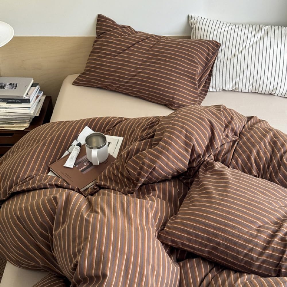 Lanqinglv, set di biancheria da letto, 200 x 220 cm, marrone a righe, anti-allergenico, in microfibra, set di biancheria da letto ÖKO-TEX - copripiumino con cerniera e 2 federe da 80 x 80 cm