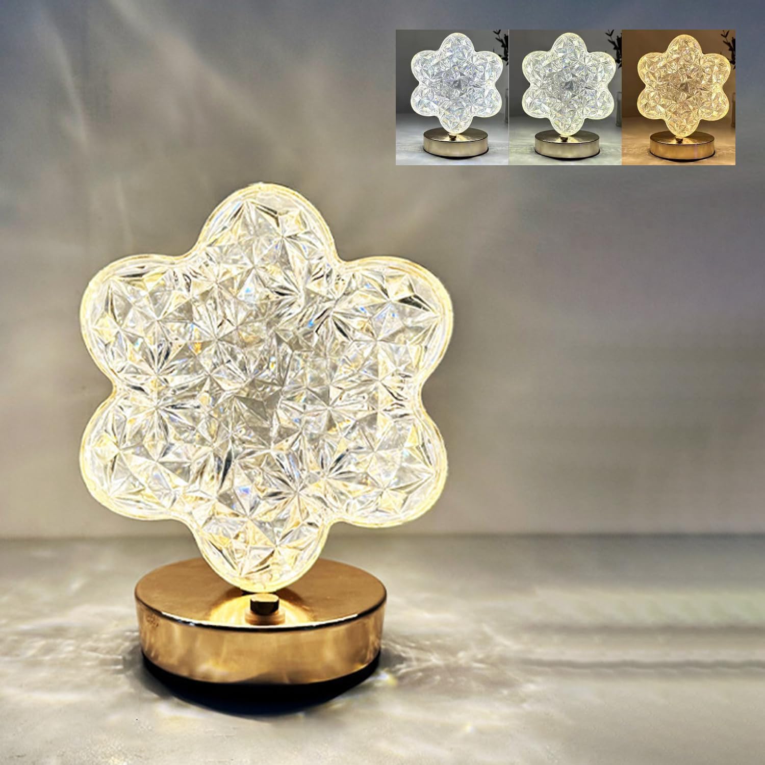 Lámpara de mesa de flores, lámpara táctil regulable de 3 colores, luz nocturna recargable por USB, lámpara de noche de flores de cristal, lámpara de mesita de noche de luz vintage dorada para