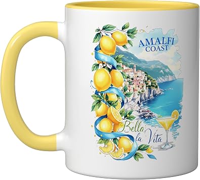 Amalfi Coast Capri Lemon Italy Bella La Vita Italia Souvenir Ceramic Mug, Yellow/White