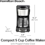 Hamilton Beach Compact 5-Cup Programmable Coffee Machine, FrontFill Water Tank, Small Filter Coffee Machine with Glass Carafe, Auto Break & Service, Space Saving Design, Black & Stainless Steel (46111) | Compact Design | Programmable Clock | Glass Carafe