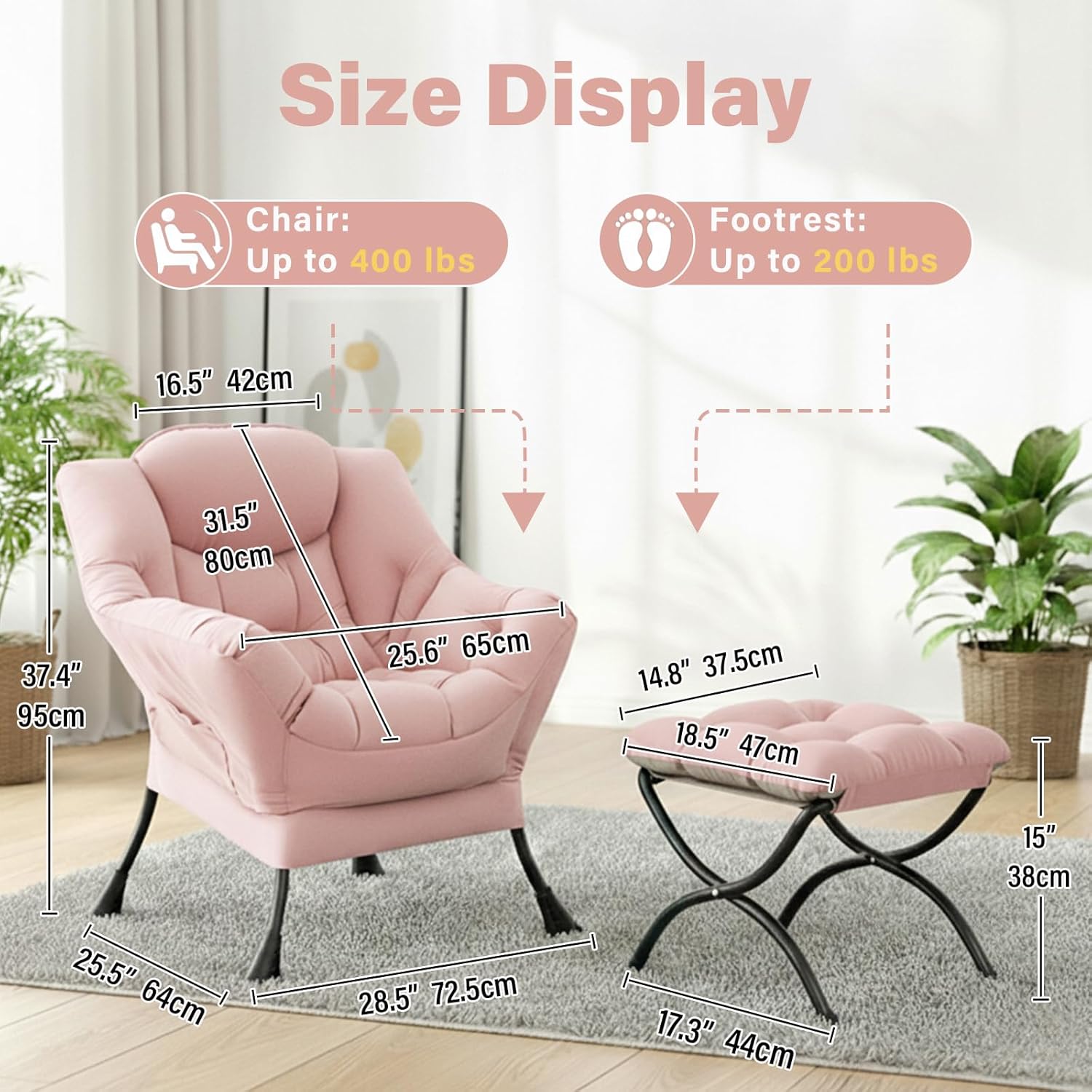 Lazy Chair and Ottoman, Large Accent Pink Velvet Chair with Side Pocket, Modern Leisure Upholstered Sofa Reading Armchair with Footrest for Office, Bedroom, Living Room, Dorm, Balcony