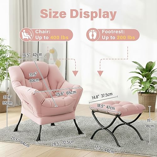 Miniatura 2 de Silla Lazy y otomana, silla grande de terciopelo rosa con bolsillo lateral, moderno sofá tapizado de ocio con reposapiés para oficina, dormitorio