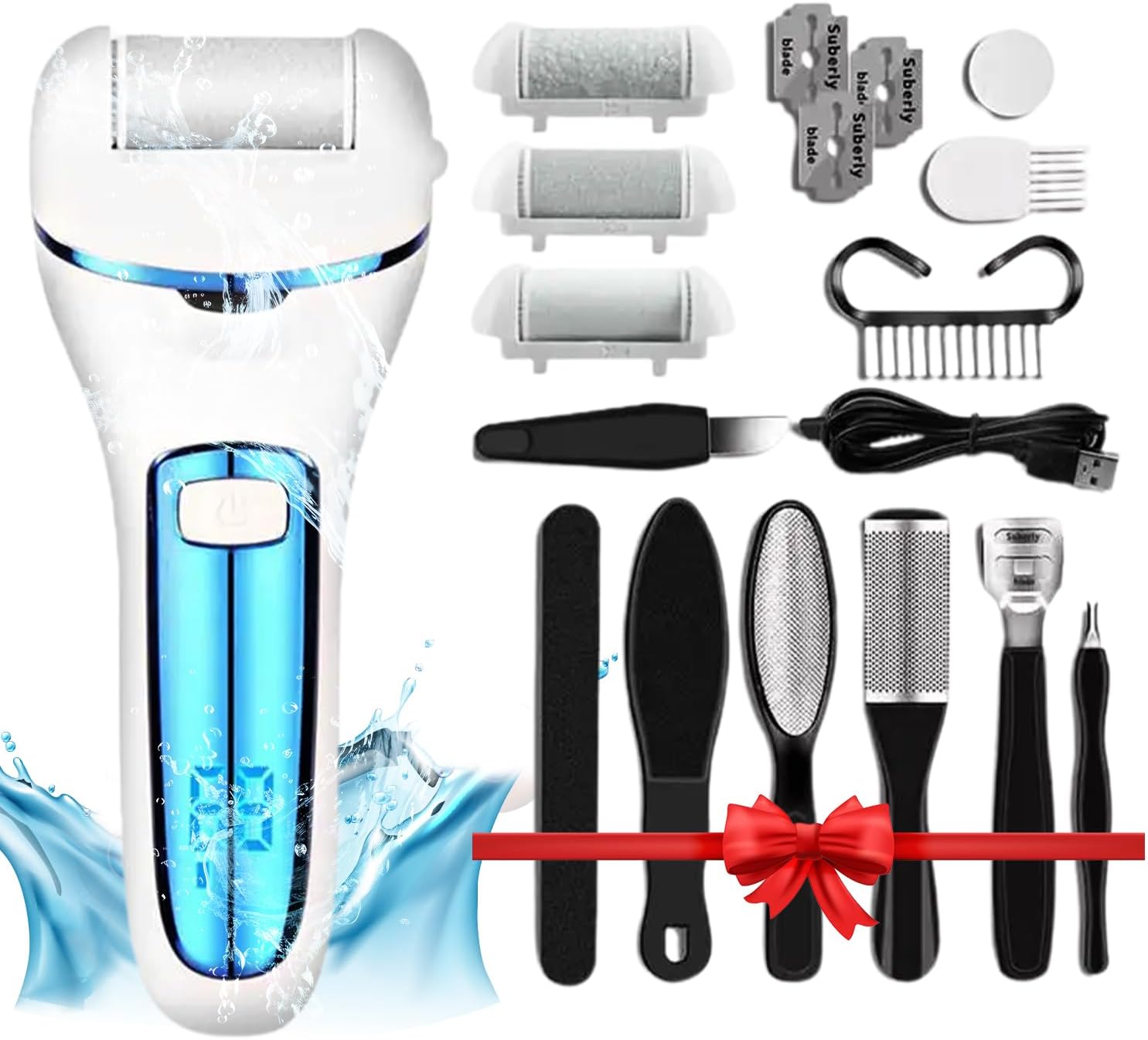 ECASA™ Electric Foot Callus Remover, Rechargeable Foot File Hard Skin Remover, Waterproof 14 in1 Professional Pedicure Kit for Cracked Heels Calluses & Dead Skin with 3 Roller Heads 2 Speed