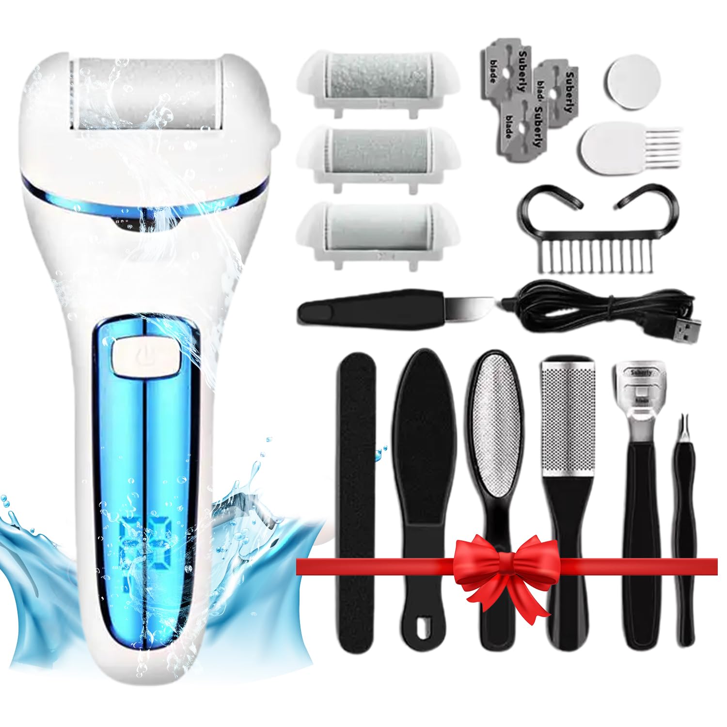 ECASA™ Electric Foot Callus Remover, Rechargeable Foot File Hard Skin Remover, Waterproof 14 in1 Professional Pedicure Kit for Cracked Heels Calluses & Dead Skin with 3 Roller Heads 2 Speed