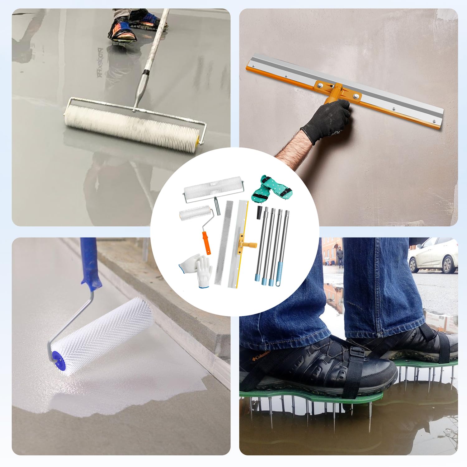 Kit De Herramientas De Autonivelación De Cemento - Herramientas De Cemento Autonivelante,Palo Telescopico Limpieza 175 Cm,Con Pinchos Para Cesped 30 Mm,Para Nivelar La Pared Del Suelo Compuesto
