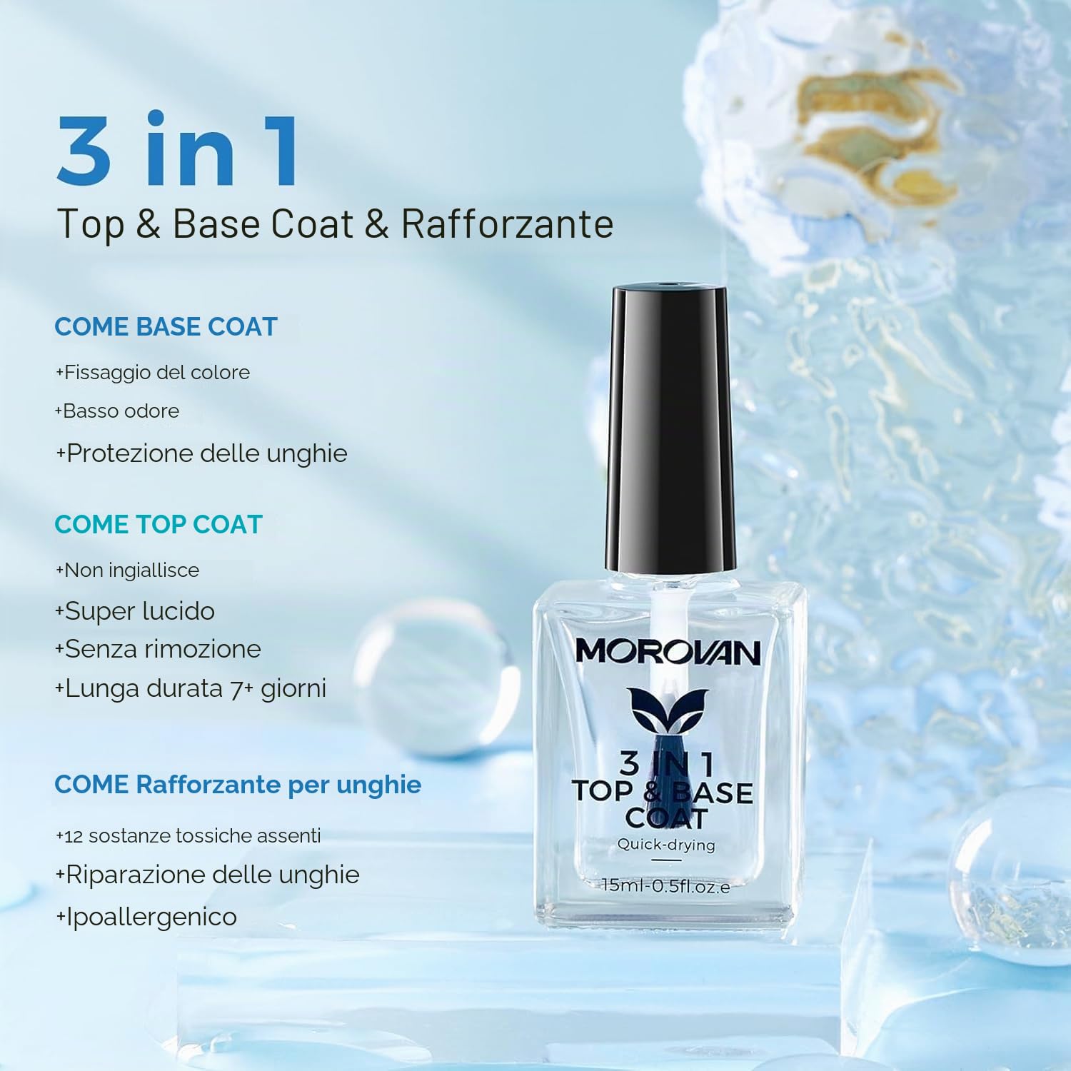 Morovan Smalto trasparente 3 in 1: Base Coat Top Coat 3 in 1 Nail Strengthener Clear Nail Varnish 15 ml