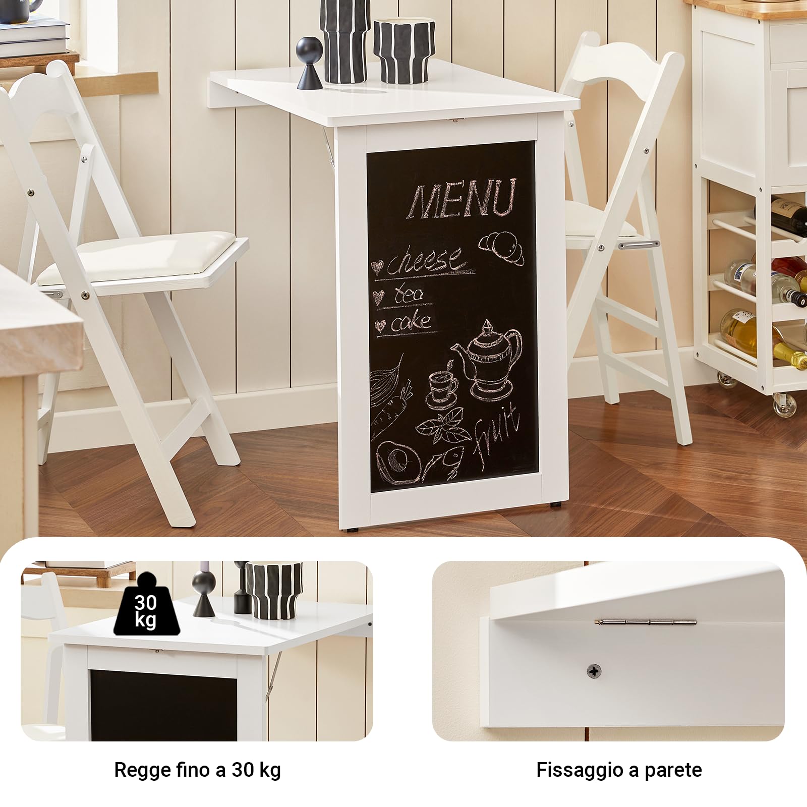 SoBuy Tavolo Pieghevole da Muro con Foglia Abbattibile Tavolo da Pranzo Allungabile con Lavagna Memo Tavolo Salvaspazio Pieghevole per Cucina, Ufficio e Piccoli Spazi Bianco 50 x 75 x 76 cm FWT20-W