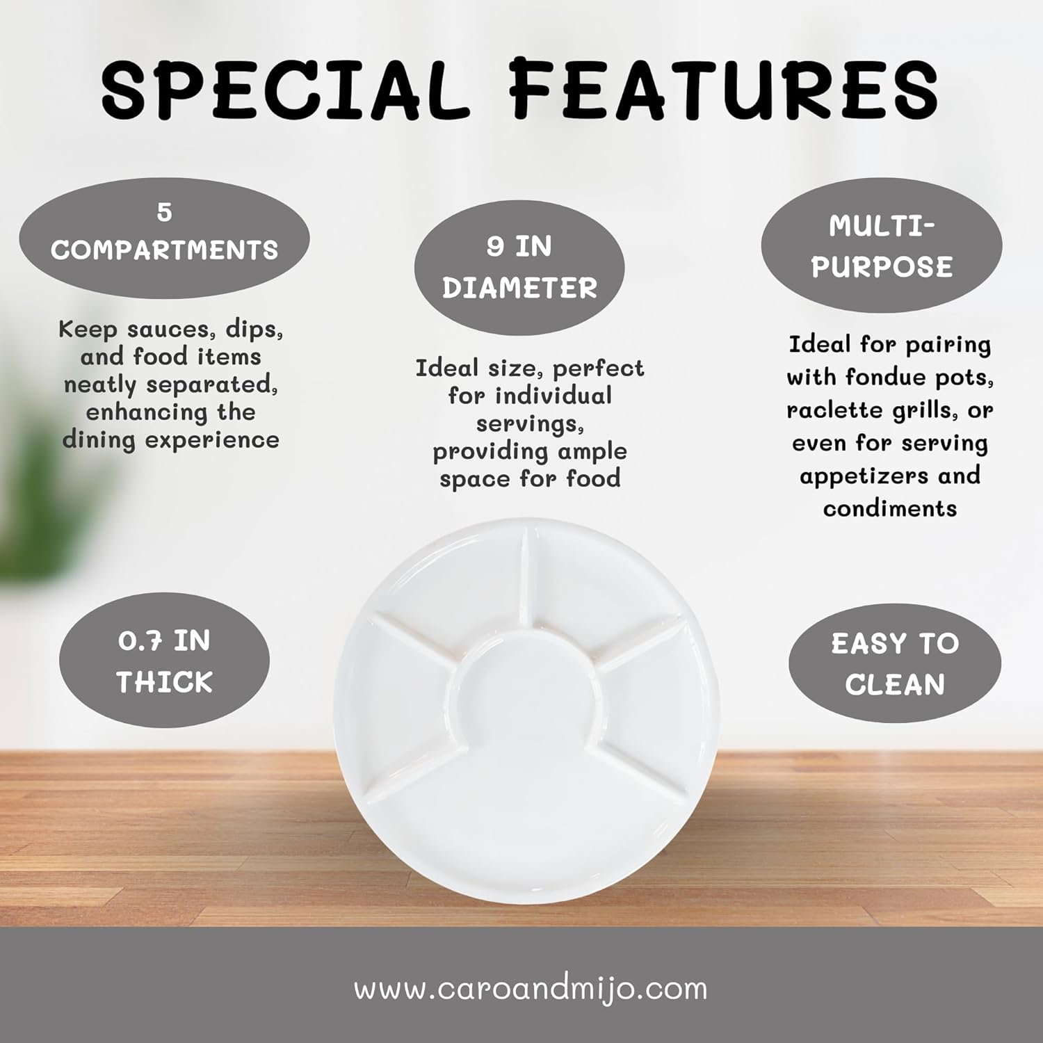 Fondue Set Plates (4), 9" Quality Round White Divided Ceramic Plates, Perfect addition to any fondue pot set or raclette grill, ideal gift for wedding and food enthusiast