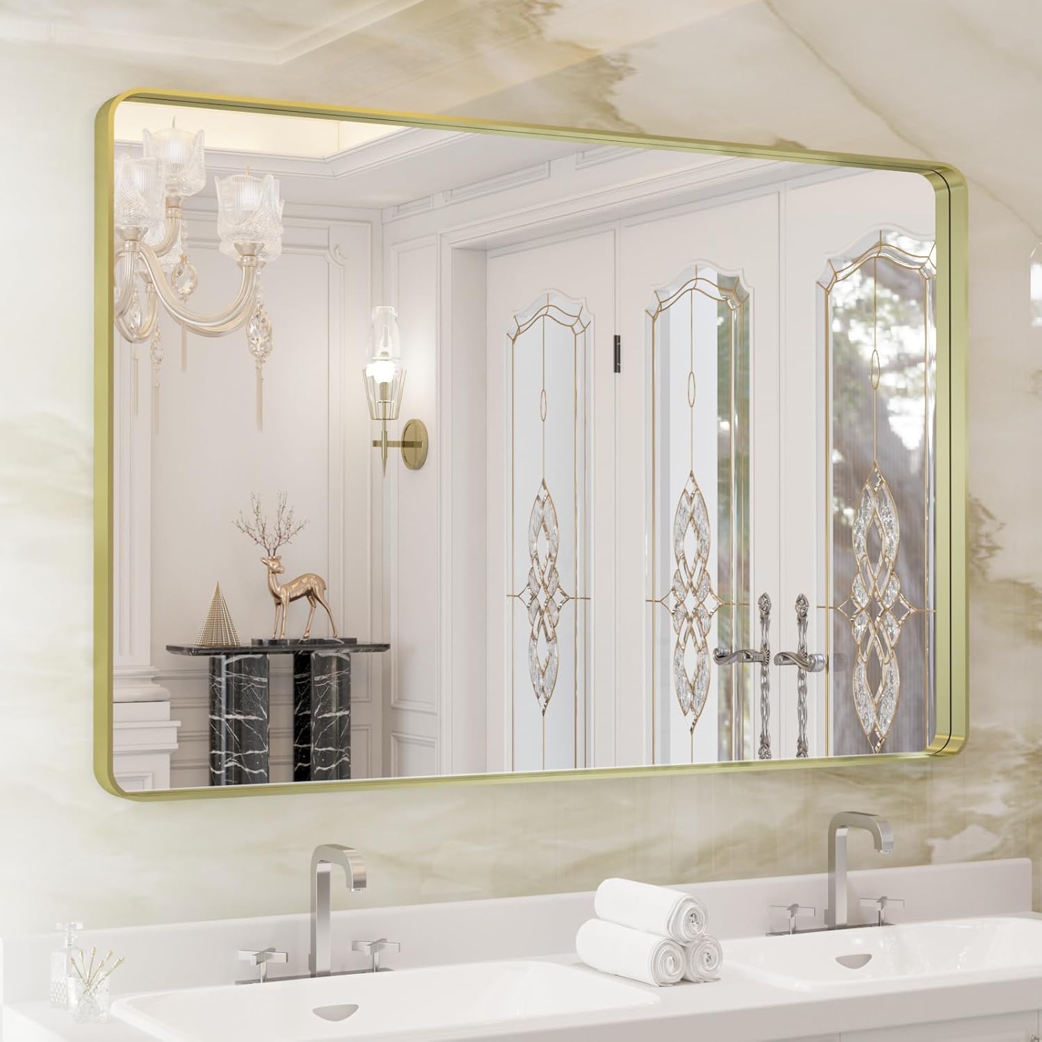 WEER Gold Bathroom Mirror, 40X30 Inch Brushed Gold Metal Frame Mirror, Rounded Rectangle Gold Bathroom Vanity Mirror for Wall, Tempered Glass, Anti-Rust, Hangs Horizontally or Vertically Gold 40"L x 30"W