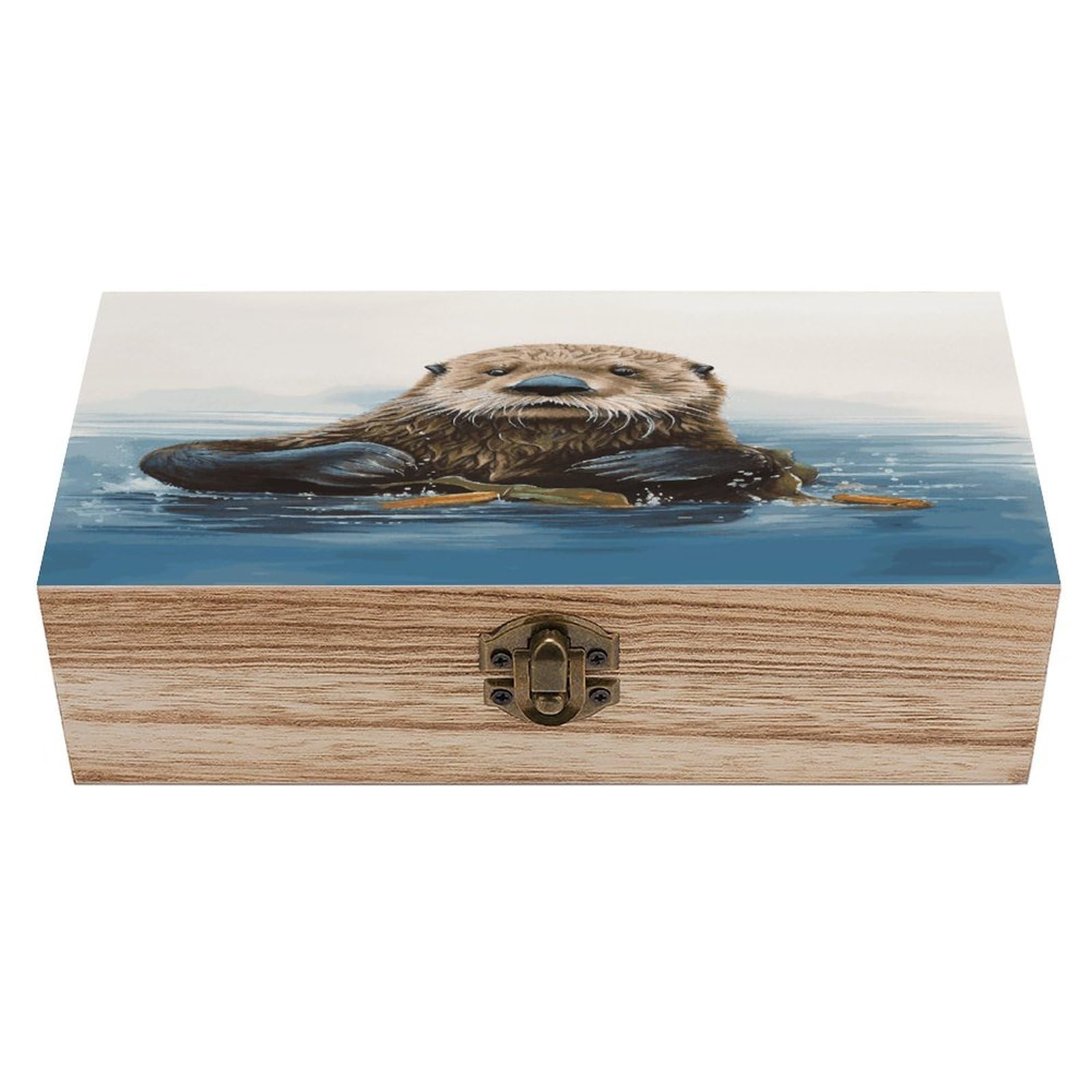 FekiLoot Sea Otter Wooden Jewelry Box Personalized Wood Keepsake Box Large Decorative Wooden Storage Boxes with Hinged Lid Rustic Style Wood Jewelry Organizer for Desk Home Office