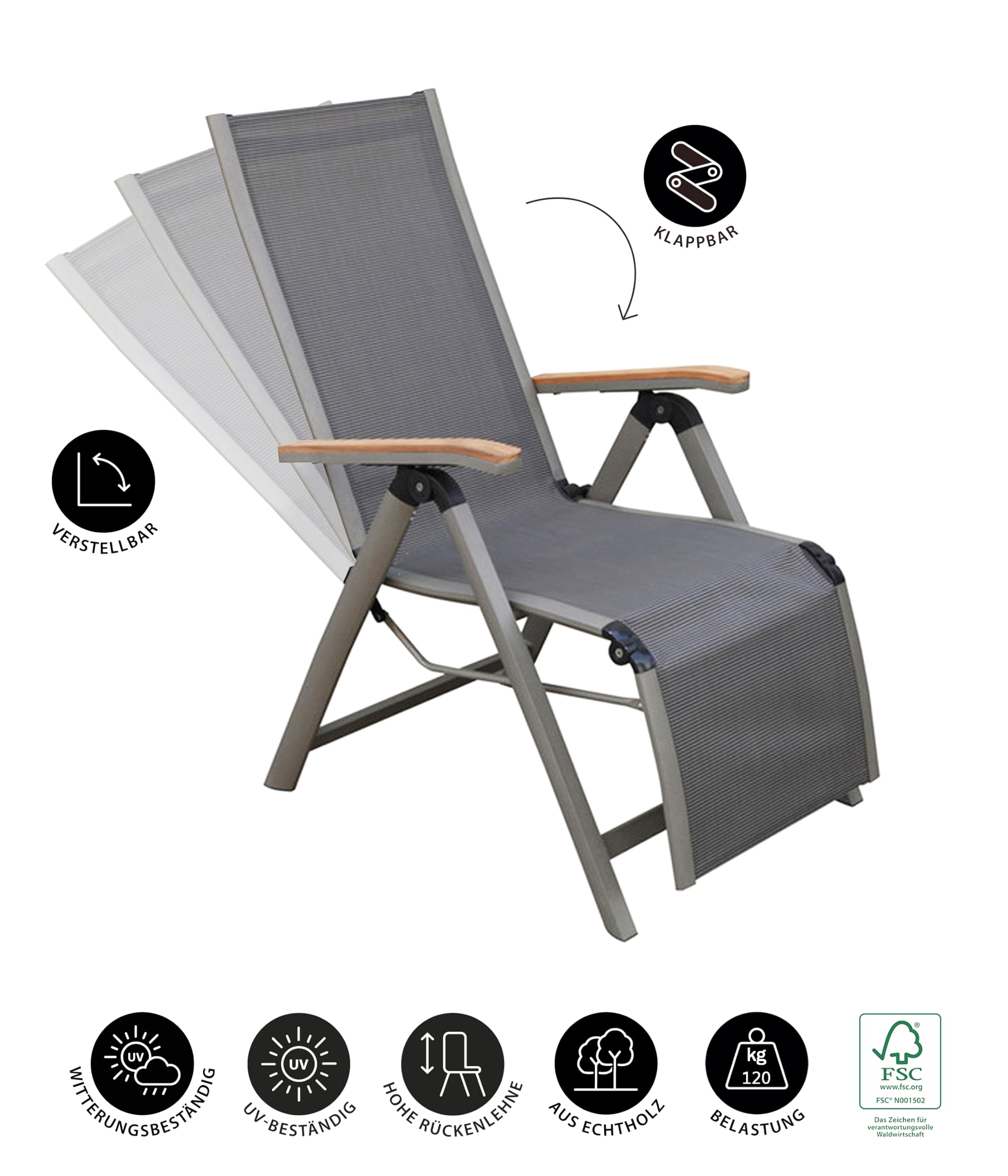 Dehner Fauteuil Relax Colmar, Pliable, env. 110 x 59 x 73 cm, Textile/Aluminium/Bois de Teck FSC, Anthracite