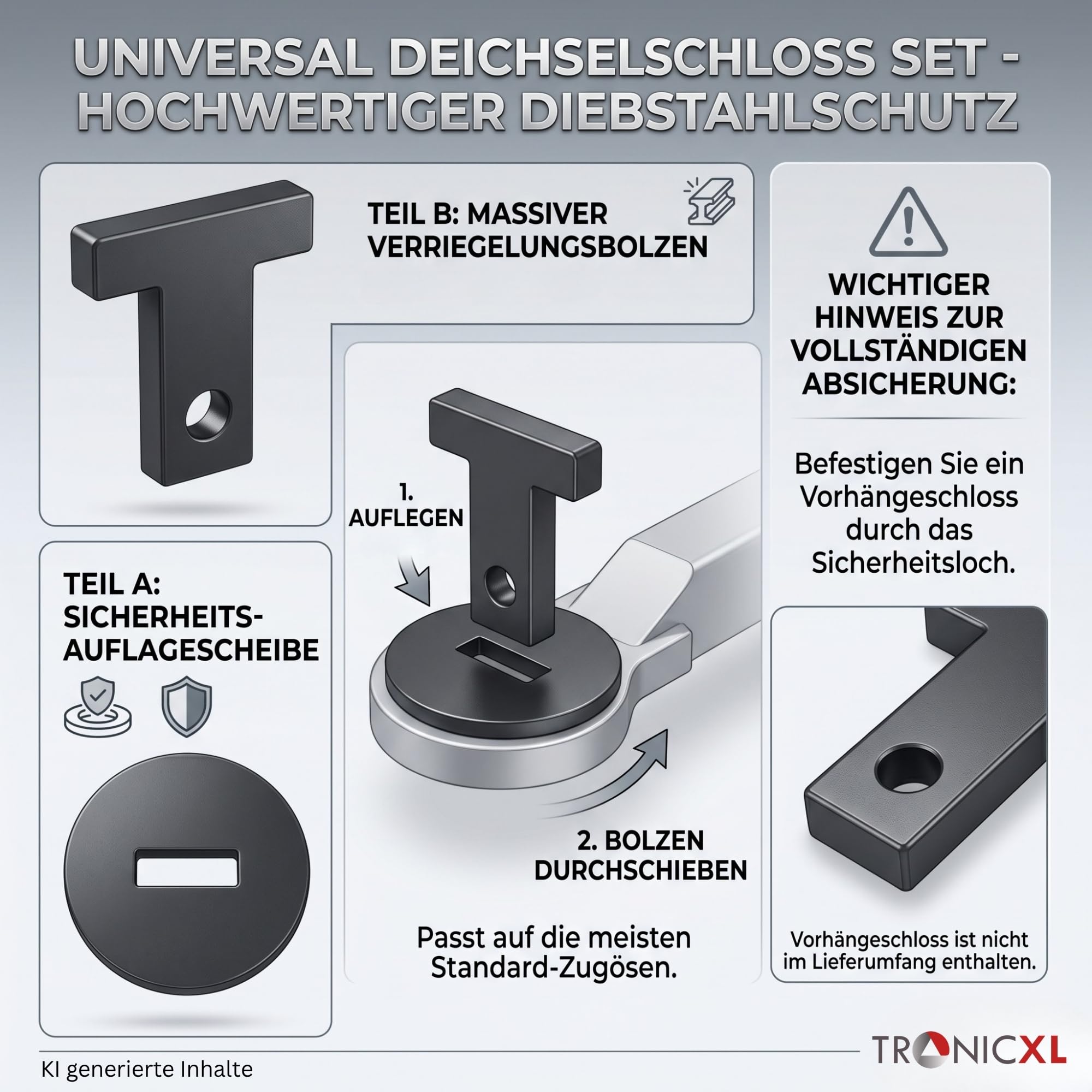 TronicXL Blokada dyszlowa do traktorów ciężarowych, blokada widelca pociągowego, zabezpieczenie przed kradzieżą, przyczepa pasuje do oczek dyszowych DIN 40 mm