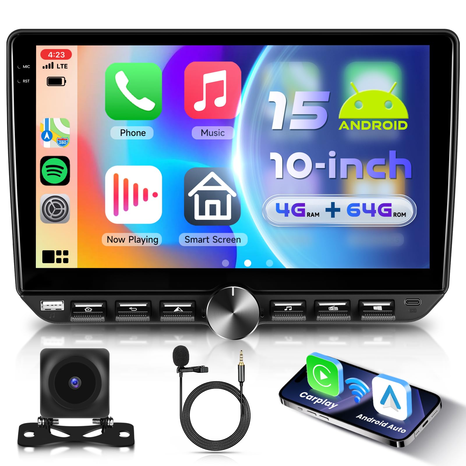 VECHTEL 4G+64G Android 15 Radio samochodowe 2 Din z bezprzewodowym systemem Android Carplay, 10-calowy ekran dotykowy Carplay, obsługa Bluetooth 5.0 Radio FM RDS GPS Wi-Fi Link Lustro USB/Type-C