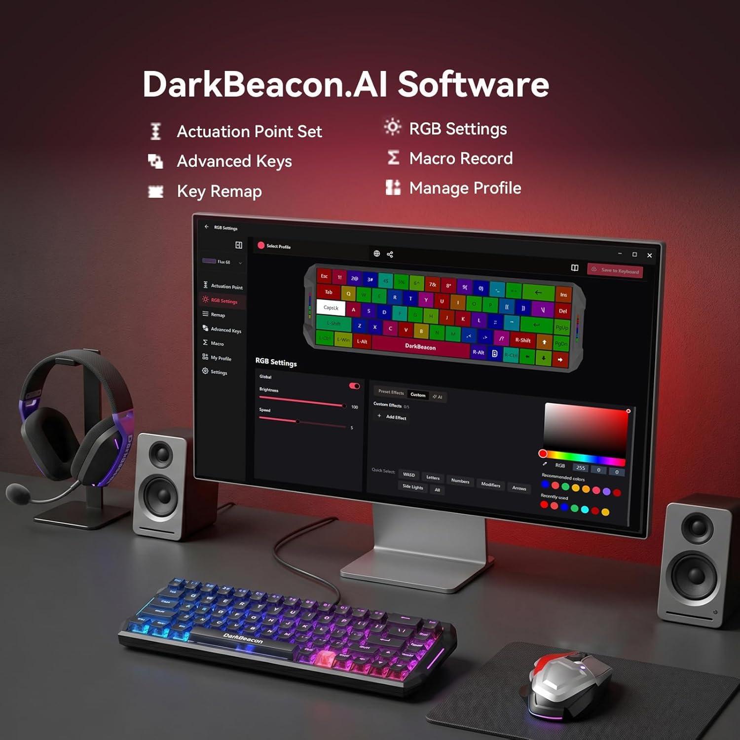 DarkBeacon Flux68 HE Tastiera meccanica da gioco Rapid Trigger con azionamento regolabile 0,01-3,5 mm, 8000Hz, interruttore magnetico effetto Hall, software AI, tastiera cablata RGB 65% per PC