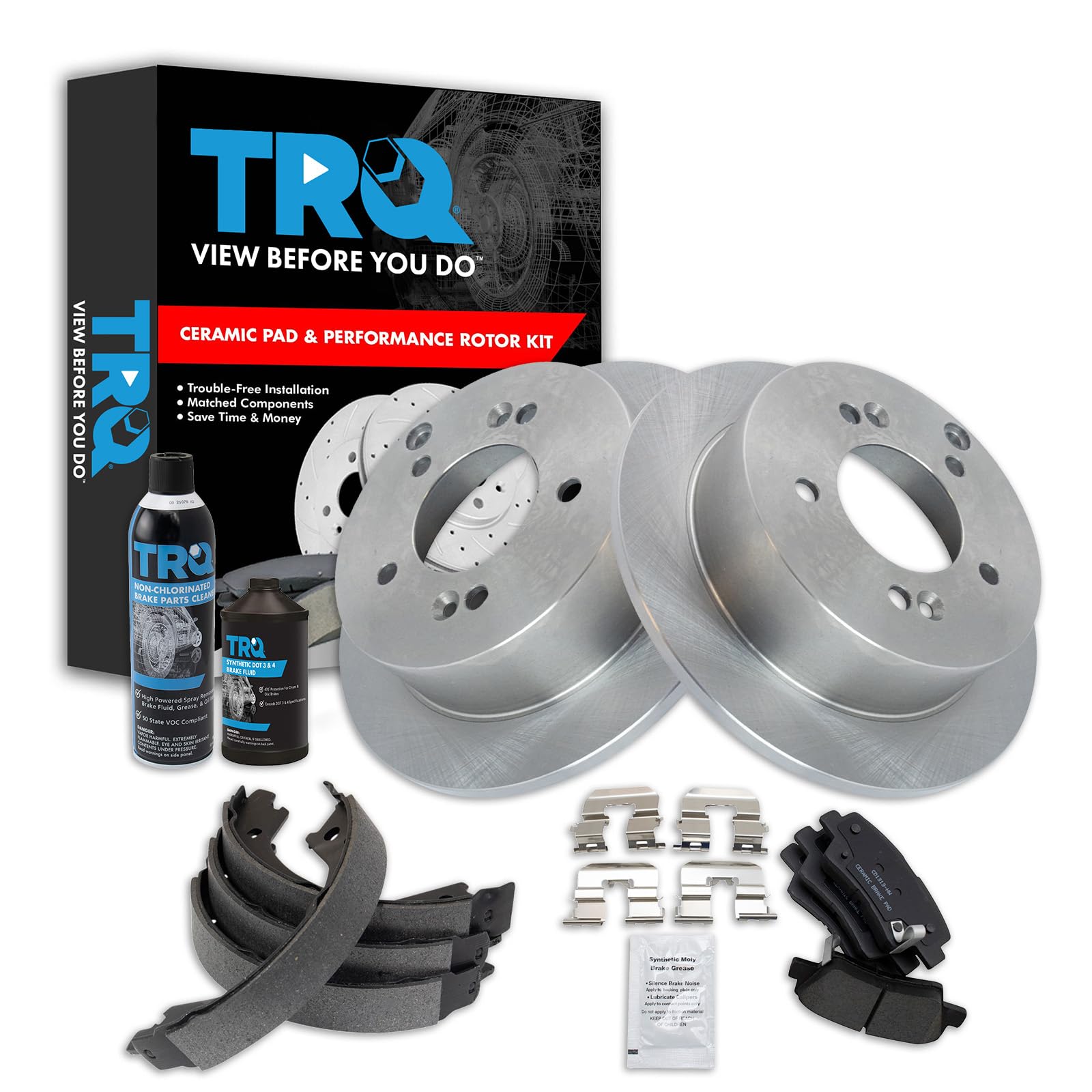 TRQ Rear Brake Pad &amp; Rotor Kit, with Chemical Kit Parking Brake Shoe Set Ceramic Compatible with 2009-2010 Hyundai Sonata