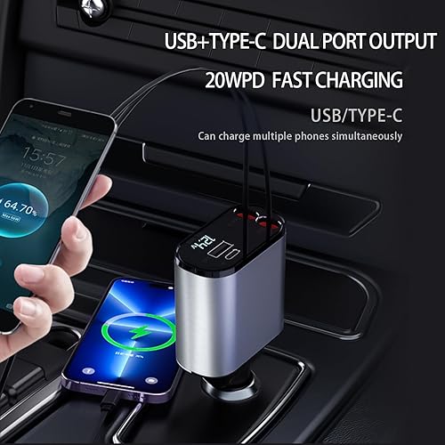 Miniatura 4 de Kwak's Cargador retráctil para automóvil, cargador de teléfono USB C de 100 W, carga rápida de doble puerto para automóvil compatible con iPhone