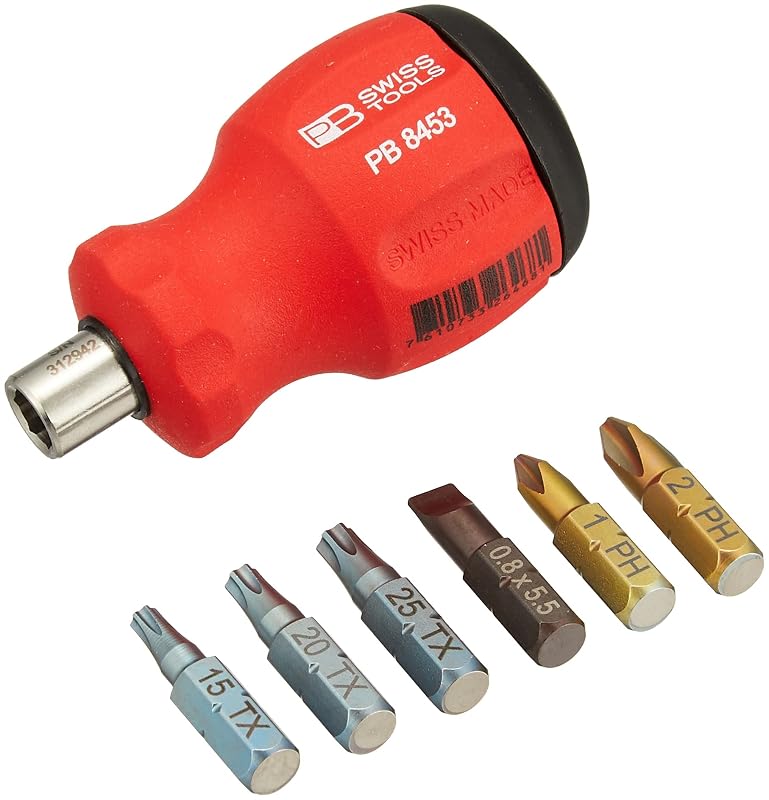 Chave de Fenda Stubby Multibits PB Swiss Tools PB 8453 com Suporte Magnético Vermelha, 6 Peças