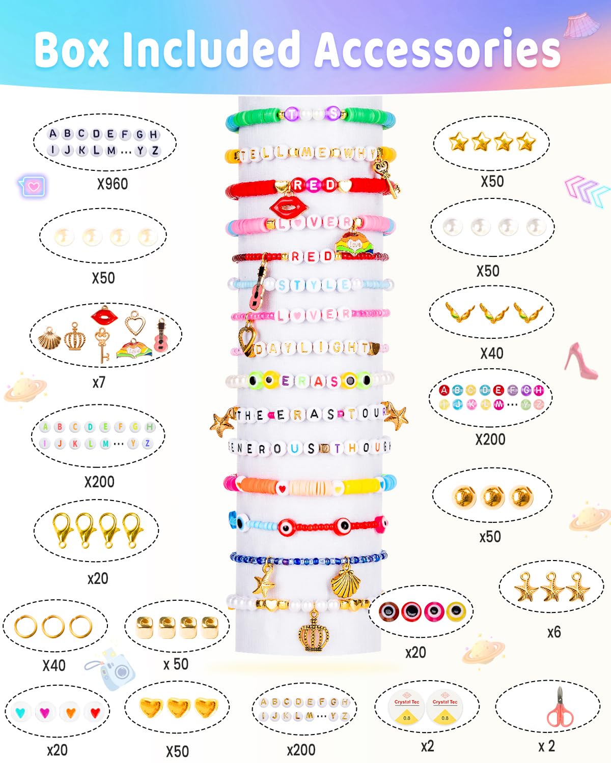 Goldwise Kit per braccialetti dell'amicizia, 6 scatole, kit per la creazione di braccialetti con perline in argilla di 48 colori, perline in vetro di 48 colori e 4 stili di perline con lettere (A-Z