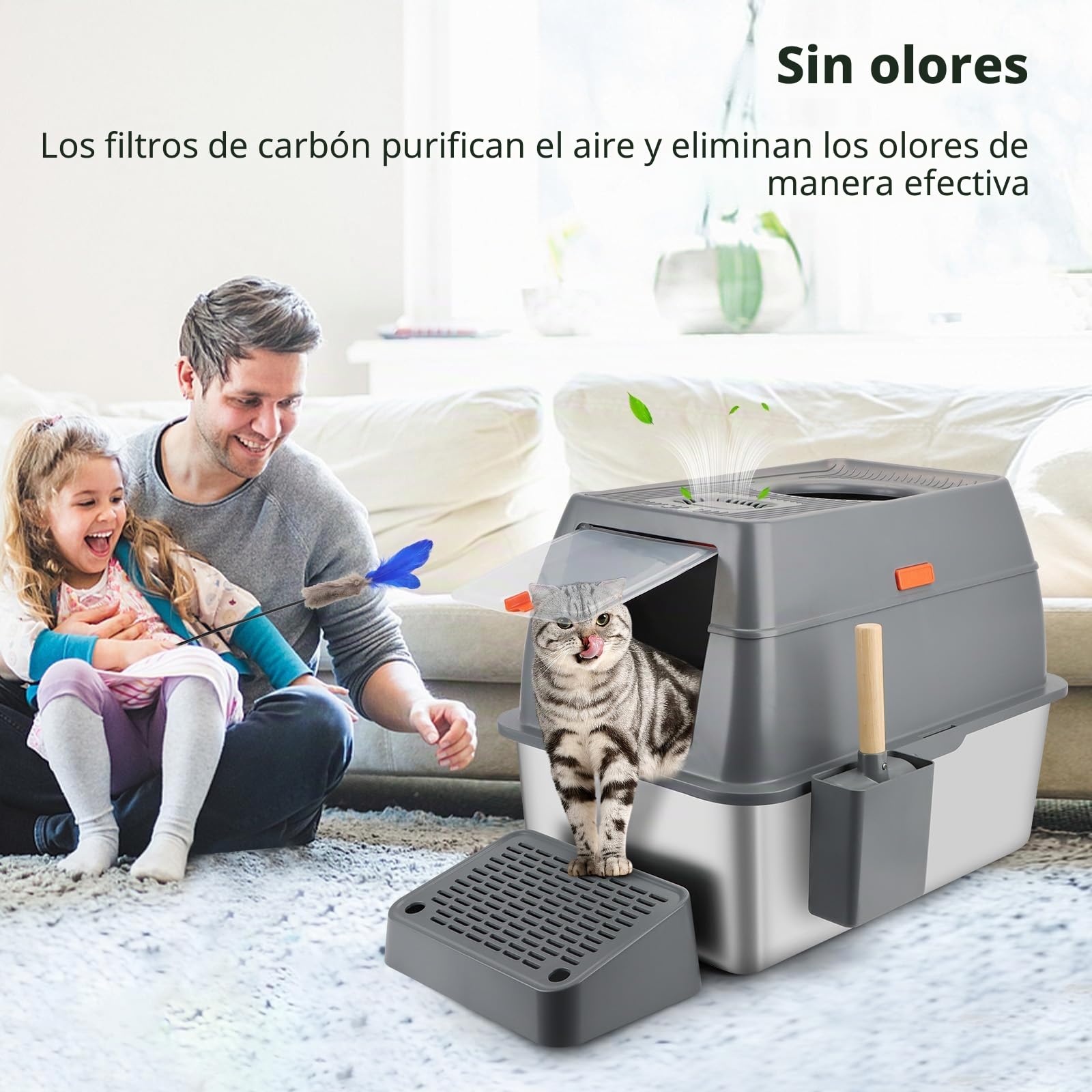 Caja de Arena para Gatos de Acero Inoxidable con Tapa, Bandeja de Arena de Metal extraíble de Alta Cara Cerrada con Bandeja de tamizado, Cuchara, Antiadherente, fácil Limpieza (Gris)