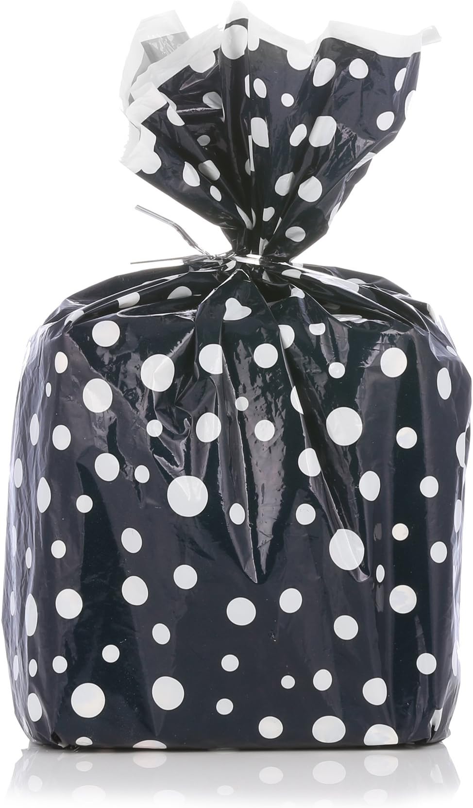 Navy Blue Polka Dot Gift Wrap Bags with Silver Metallic Ties - Package of 8 - Reusable Biodegradable Plastic - 17.75 by 19 Inches