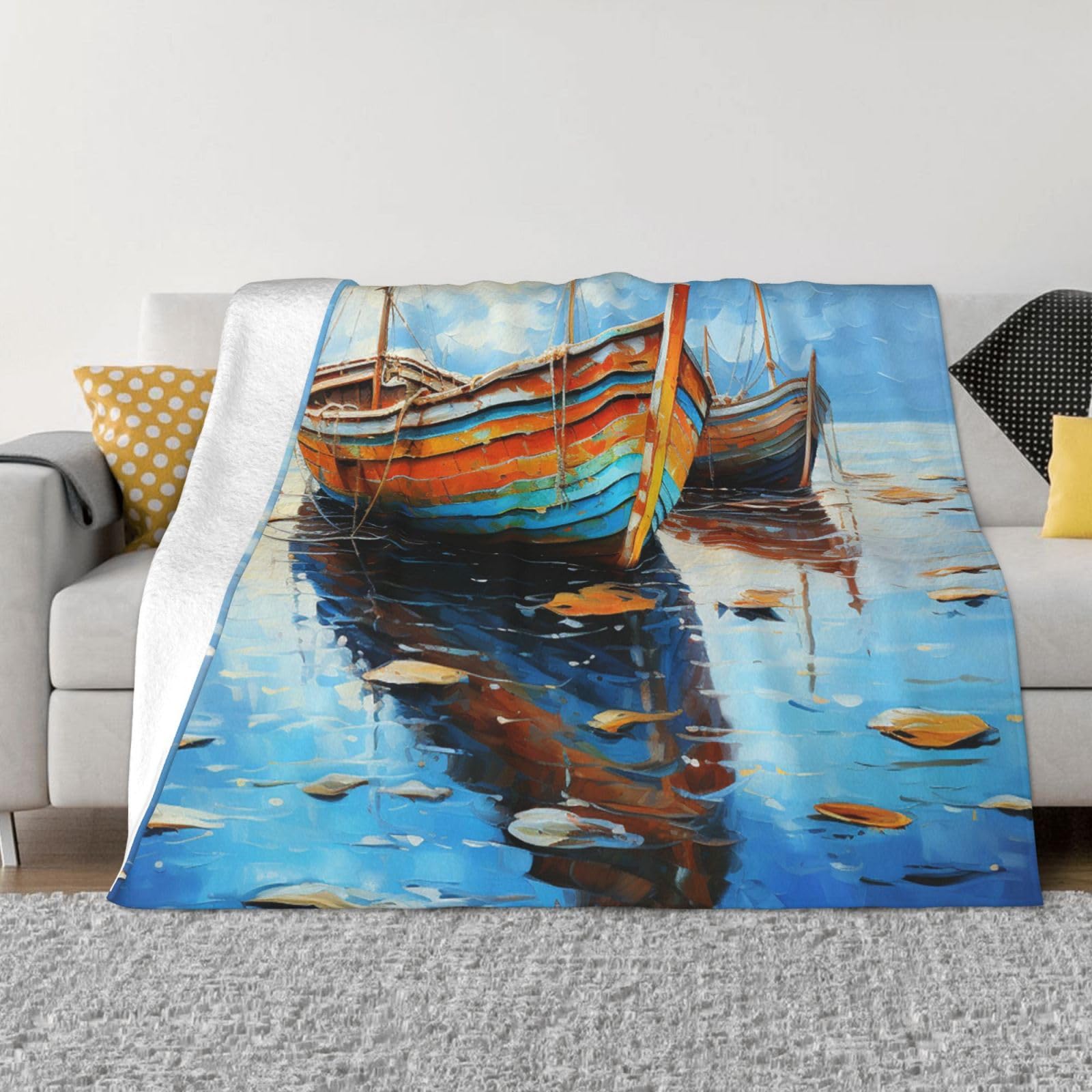 Couverture polaire en microfibre toutes saisons motif peinture de mer