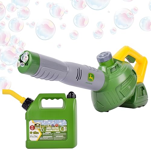 John Deere Juguete soplador de hojas de burbujas para niños, incluye lata de gas de recarga de burbujas de 44 onzas, máquina de burbujas para