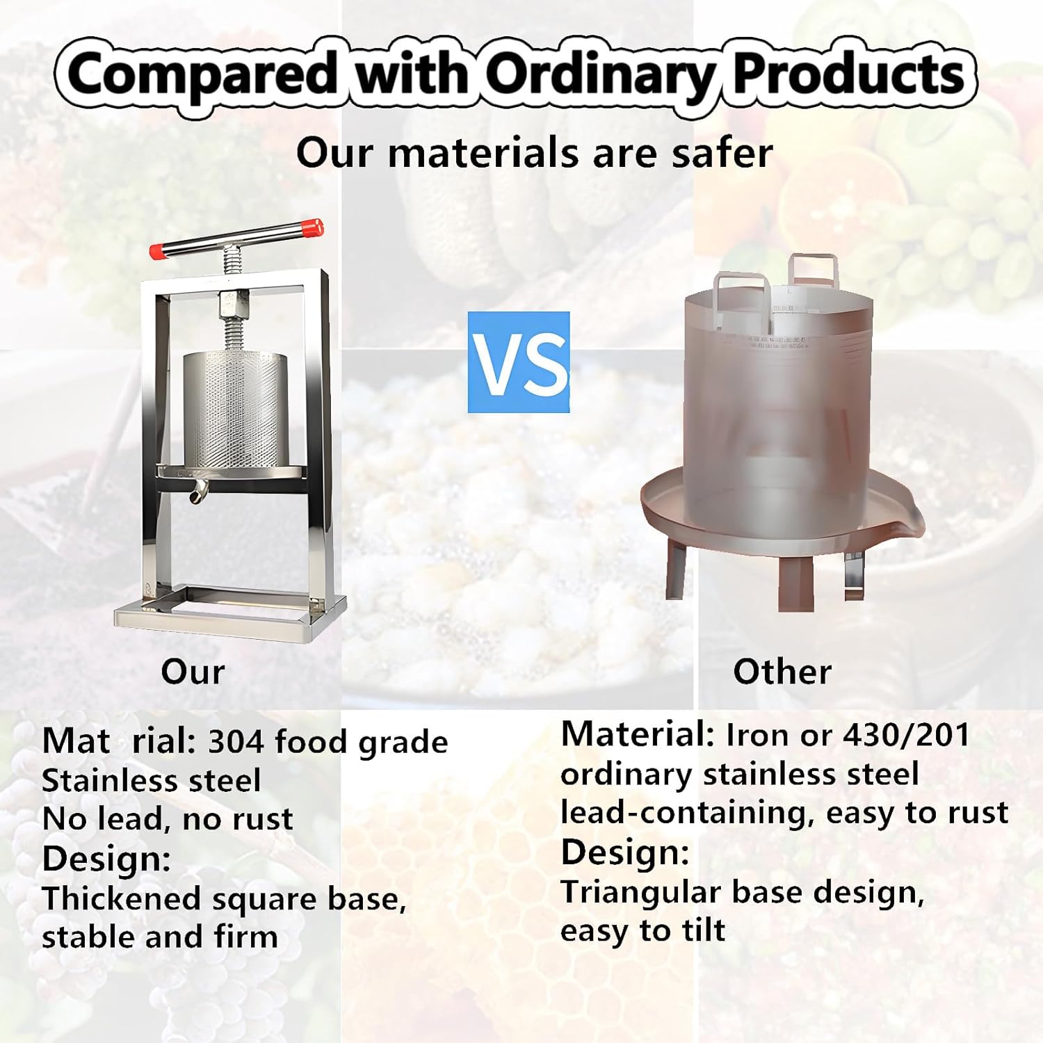 Manual Honey Press Extractors Removable Fruit Wine Press Stainless Steel Barrels T-Handle Manual Juice Maker Cider Apple Grape Tincture Vegetables Honey Olive Oil Making Press 8L