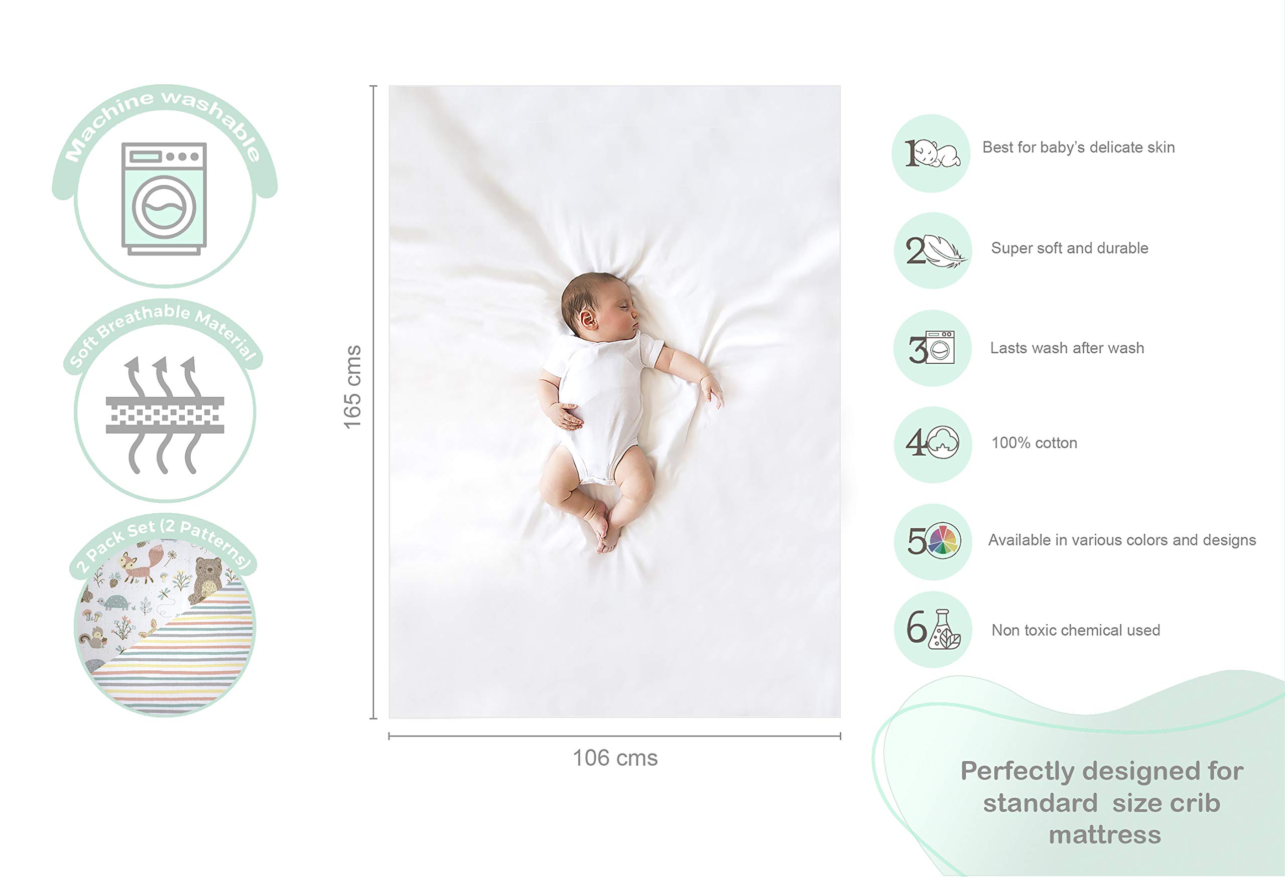 abracadabra Cotton Flat Sheet for Standard Cot and Crib, Super Soft, Breathable & Hypoallergenic, (170 cm X 108 cm, Set of 2, Bambi & Friends, Multicolor) - Image 7 thumbnail