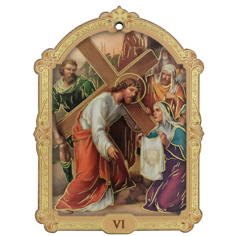 Placas de estaciones de la cruz | 9,5 cm de alto | Decoración y devocional de Lenton | Aulas cristianas católicas, hogar e iglesia | Incluye 16 placas que representan la crucifixión y resurrección de