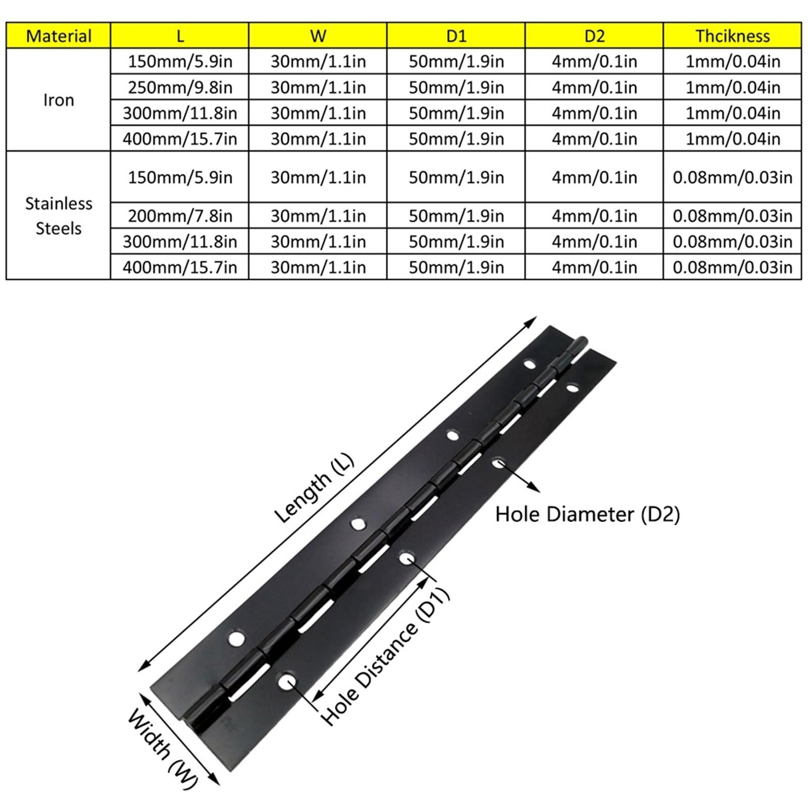 Bisagra de Piano de Metal, bisagra Continua de Acero Inoxidable Resistente, Plegable for Muebles, Armario, Puertas, ferretería for el hogar, 8 tamaños(Iron,400 X 30mm)