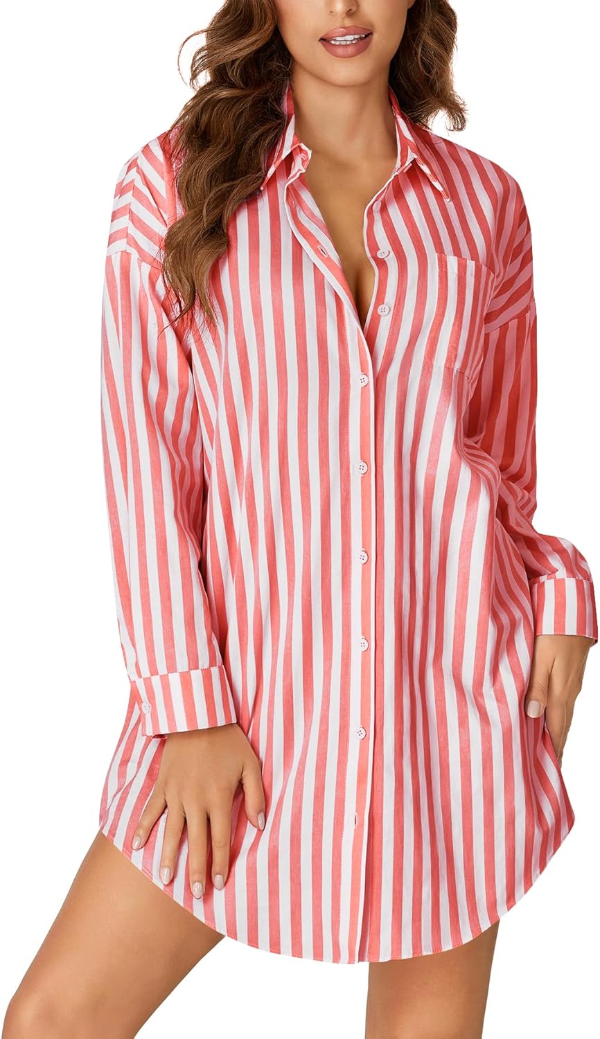 LYANER Women's Striped Nightgown Collar V Neck Long Sleeve Sleep Shirts Button Down Nightshirt Nightdress