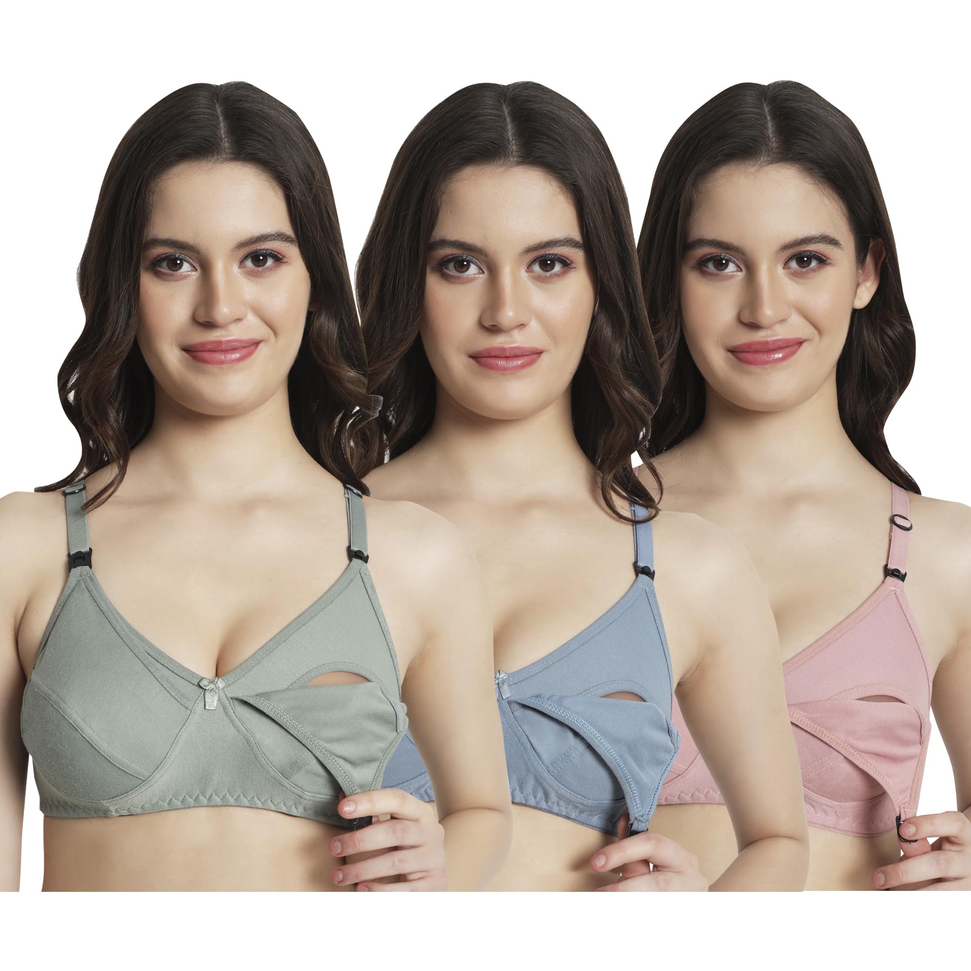 Women’s Cotton Front Open Nursing Bra – Non-Padded, Non-Wired Full Coverage Maternity & Feeding Bra with Easy Clip Closure,Multicolor (Pack of 3)-image-5