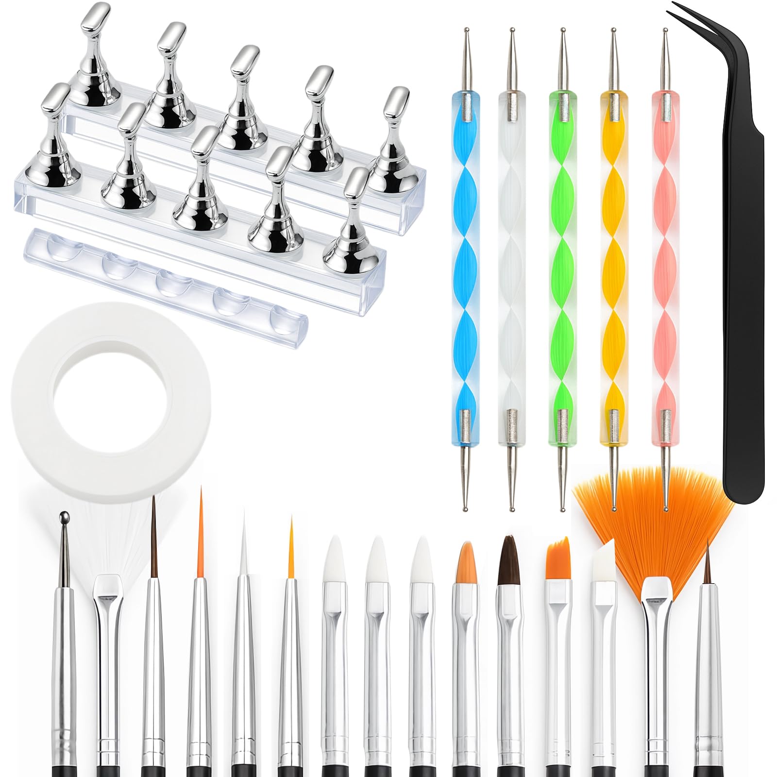 Nail Art Tools Set 15pcs Nail Brushes 5pcs Dual-Ended Dotting Pens Nail Stand Holder Kit with Brush Rack