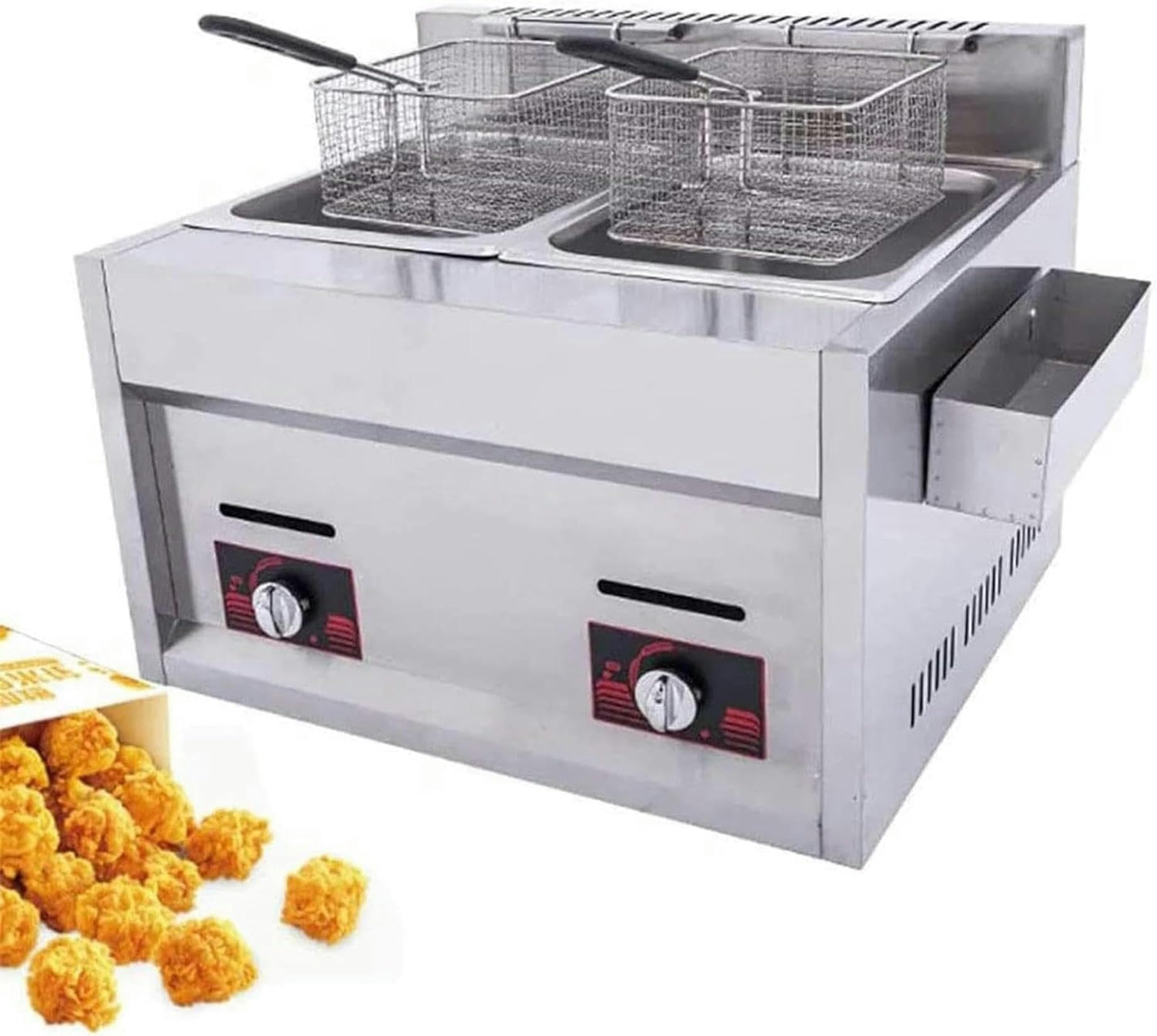 Freidora de gas de sobremesa de 20 litros con doble cesta, de acero inoxidable, para uso comercial.