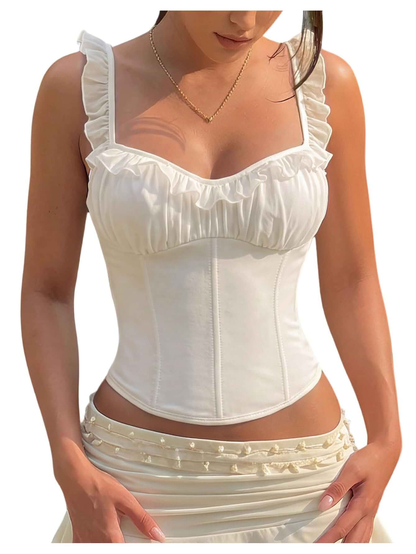 Verdusa Women's Lace Up Corset Tops Ruffle Crop Tank Tops Concert Outfits Boning Camisole, Going Out, Tight Fit, Date Night, Vacation Outfit