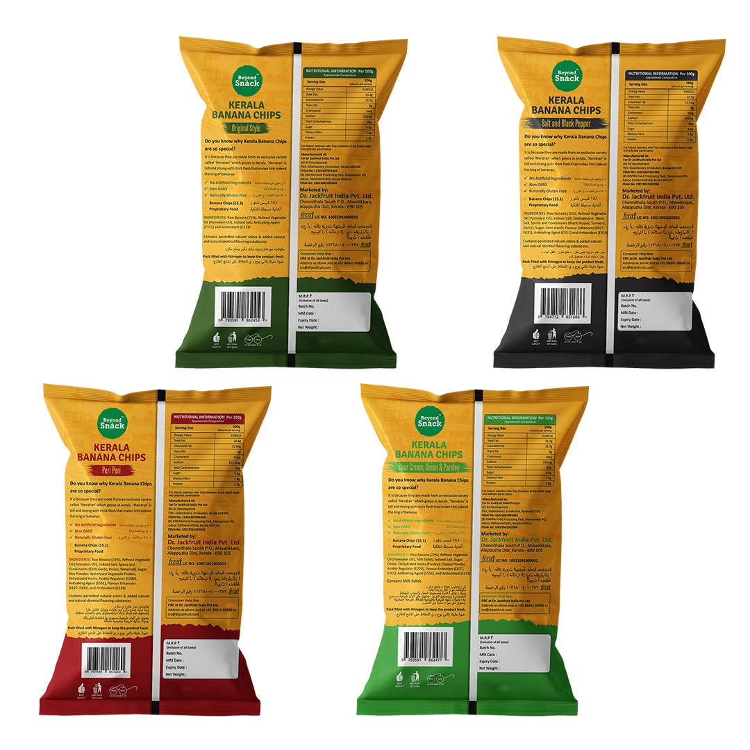 Beyond Snack Nendran Kerala Banana Chips | Combo pack (Original salted, Peri Peri, Salt and Pepper, Sour Cream Onion & Parsley)| Thin Crunchy Crispy Snack |400g (100g*4packs) - Image 2 thumbnail