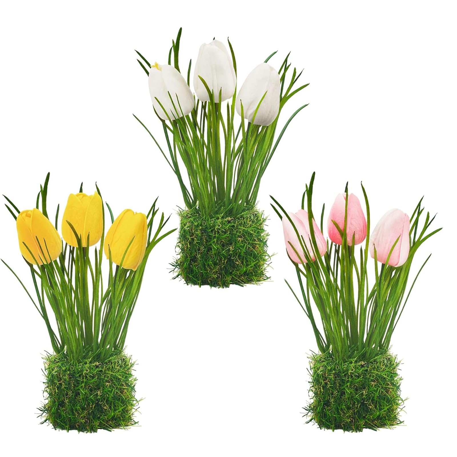 Homcomodar 3 Bundles Artificial Flowers Tulip Bulbs Artificial Tulips Plants with Artificial Moss Potted Fake Flowers for Balcony Plants Table Party Office Windowsill Living Room (White+Pink+Yellow)