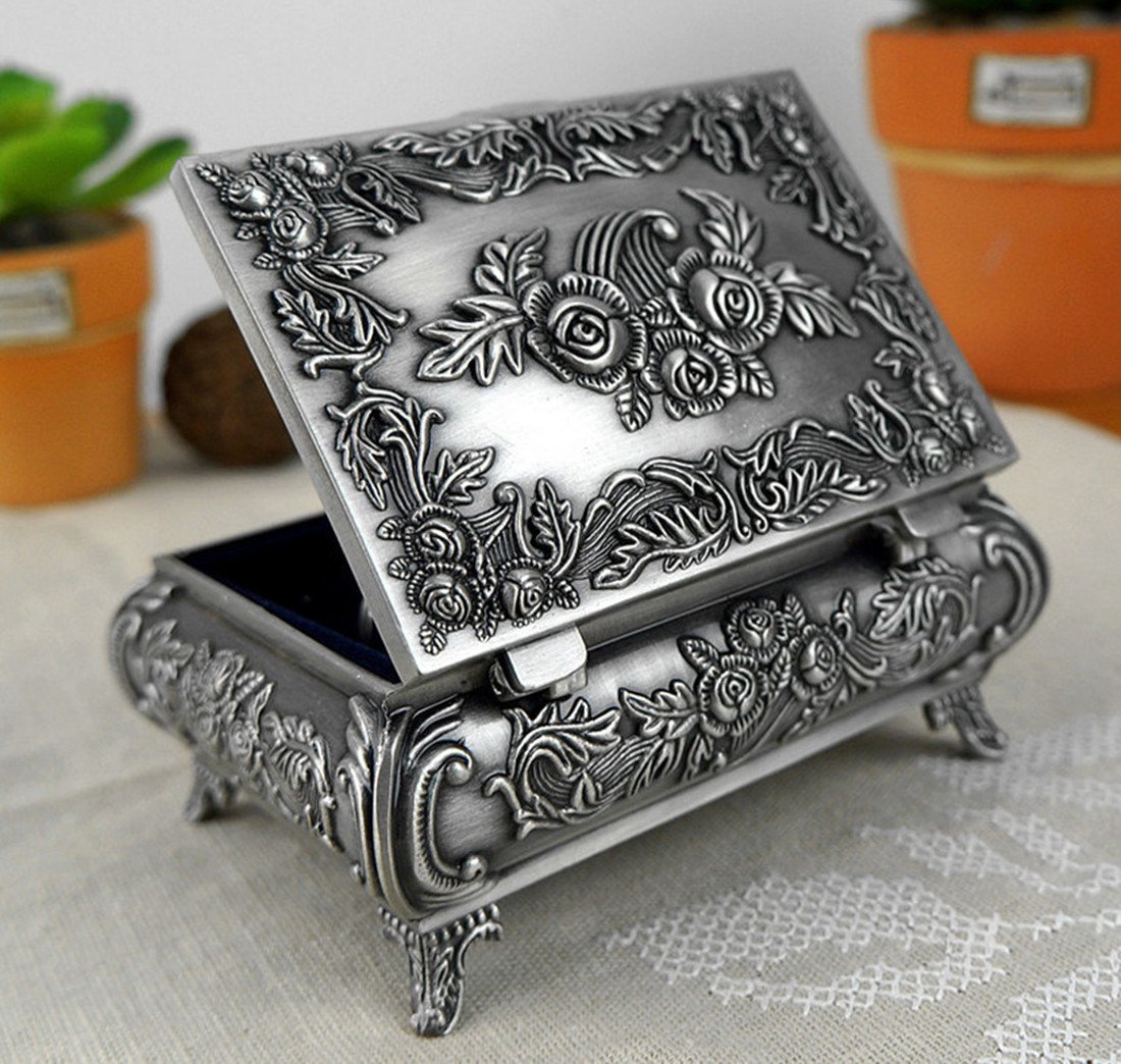 Forme de Rectangle Rose Gravure Femme Etain Pur Coffret Boîte à Bijoux-2 Options